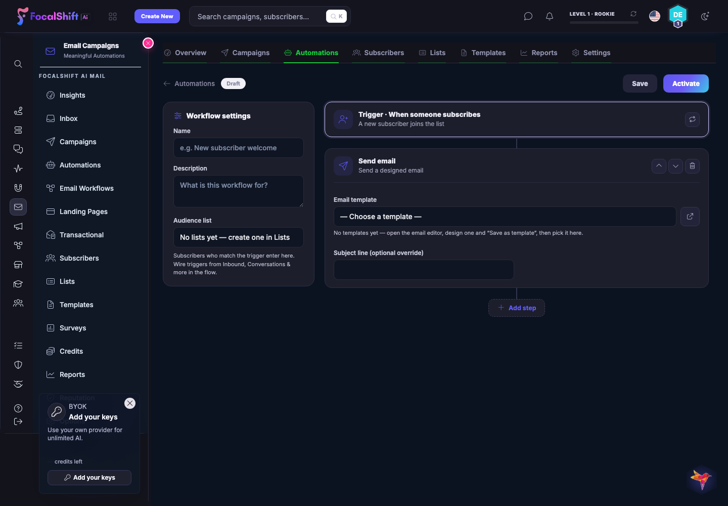 FocalShift Email Workflow builder in dark mode