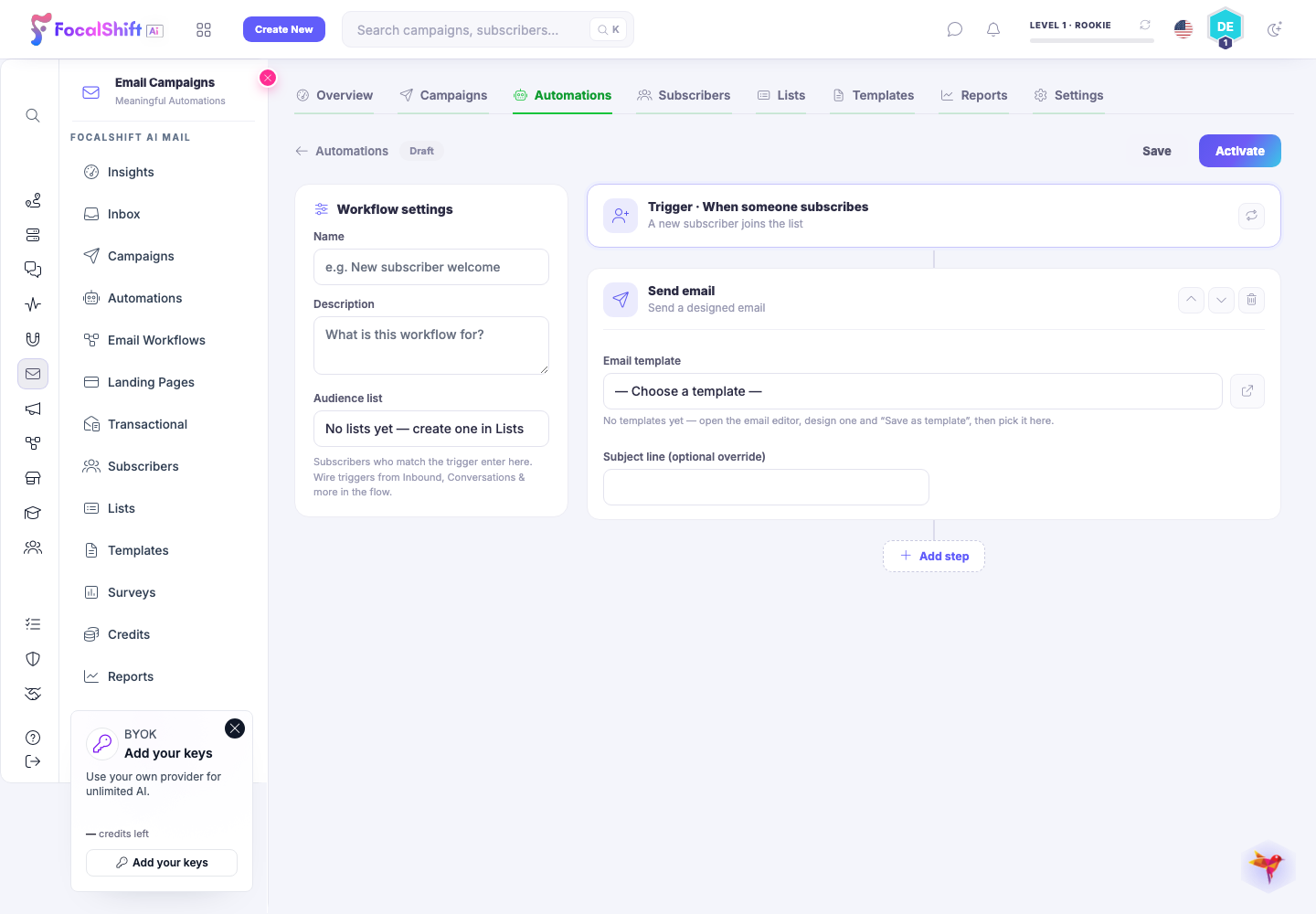 FocalShift Email Workflow builder with subscriber trigger and send email step