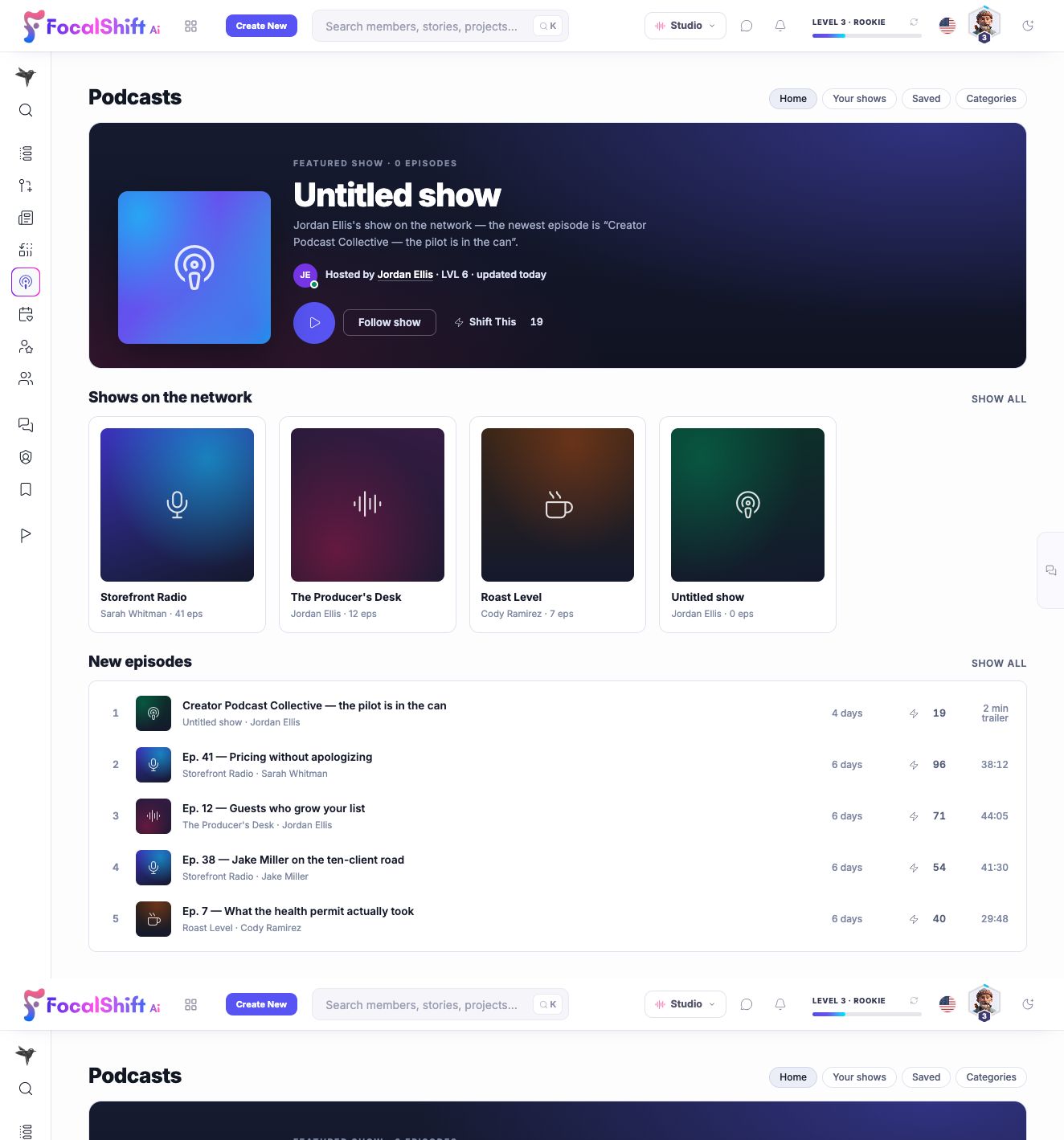 Network podcasts in light mode