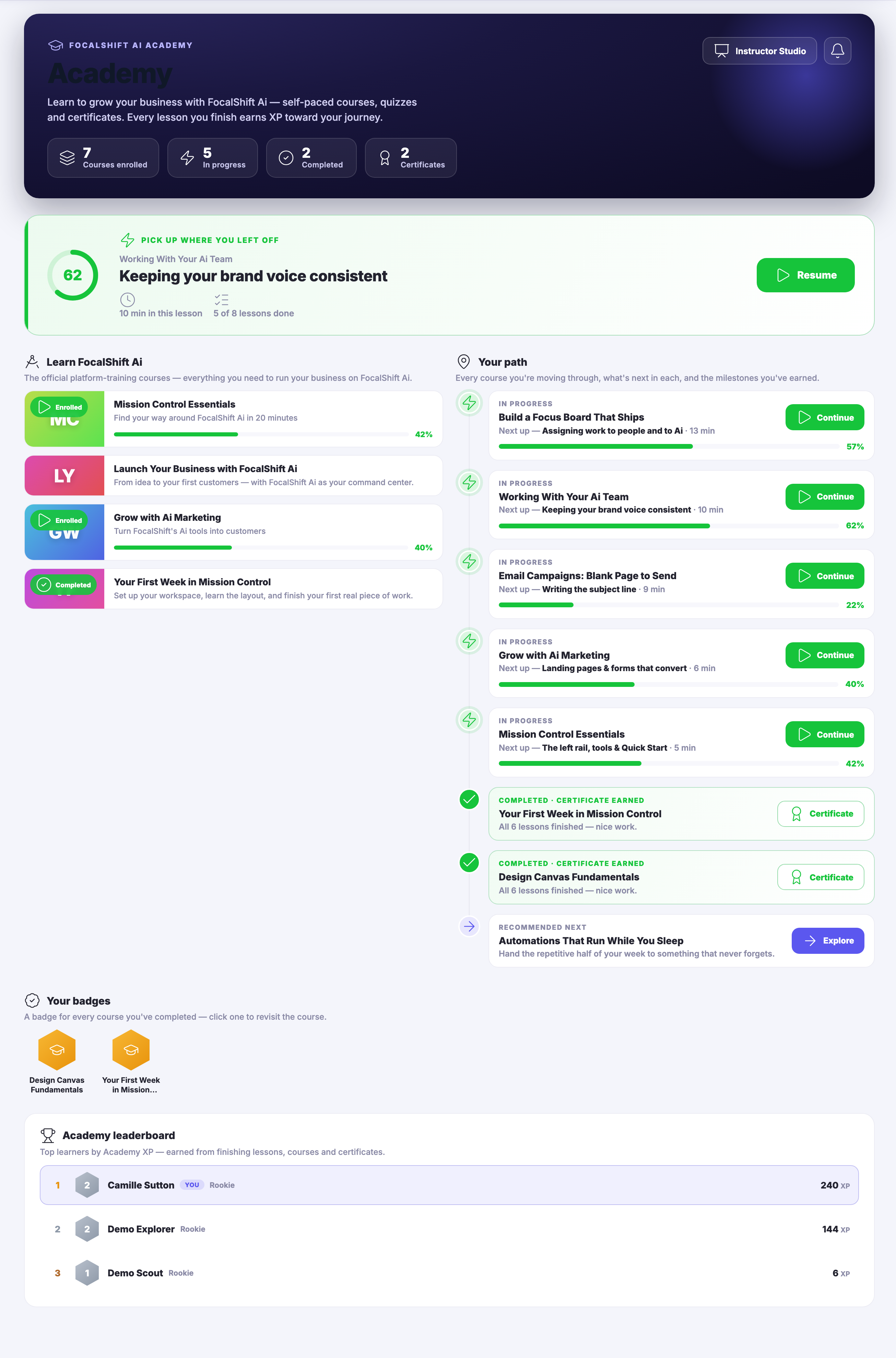 Academy’s Learning Home: a header panel carrying the courses you are enrolled on, the ones in progress, the ones finished and the certificates earned; below it a pick-up-where-you-left-off card naming the lesson you left off on, with its progress ring, how long is left in it and a control to resume; then two columns — the official platform-training courses, most carrying an enrolled or completed marker and, where there is one, a progress bar, and your path, which lists every course you are moving through with the lesson that comes next in each, the courses already completed with the certificate they earned, and one recommended next — and under those, the badges you have collected and the Academy leaderboard.