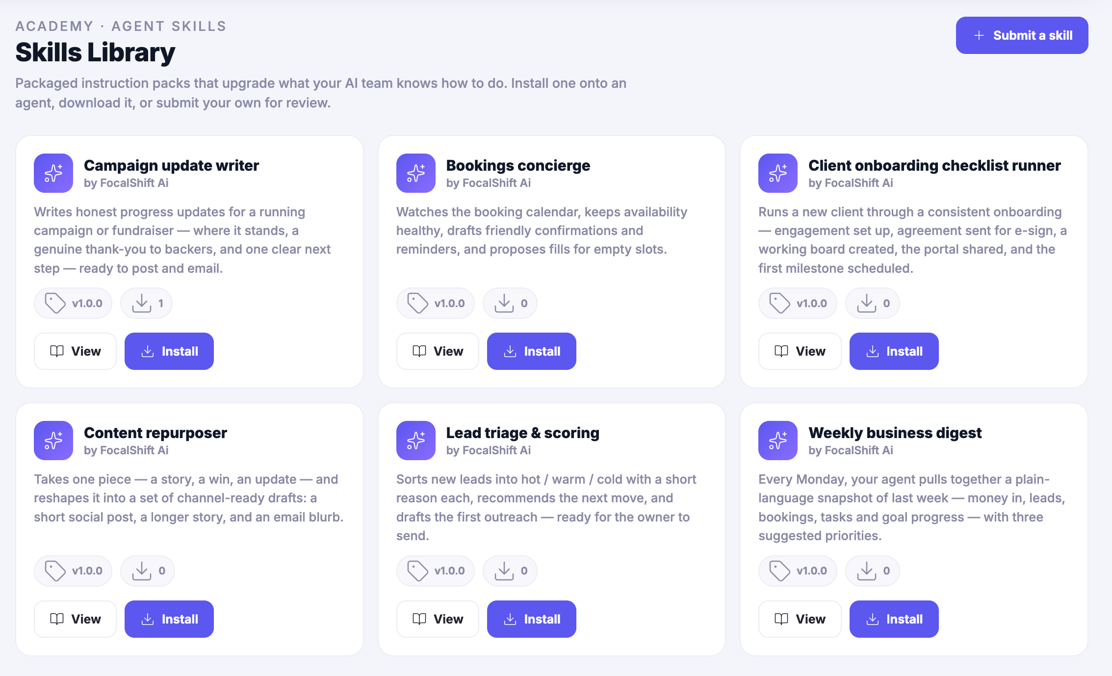 The Skills Library: packaged instruction packs that add to what an agent knows how to do, each one authored by FocalShift, each with a version, a download count and controls to view or install it onto an agent &mdash; a campaign update writer that turns a running campaign into an honest progress note ready to post and email; a bookings concierge which the product describes, in its own words, as watching the booking calendar, keeping availability healthy, drafting friendly confirmations and reminders and proposing fills for empty slots; a client onboarding checklist runner that walks a new client through engagement set-up, agreement for signature, a working board, the shared portal and the first milestone; a content repurposer that reshapes one piece into a short social post, a longer story and an email blurb; a lead triage pack that sorts new leads hot, warm and cold with a short reason each and drafts the first outreach for the owner to send; and a weekly business digest that gathers last week into plain language with three suggested priorities.