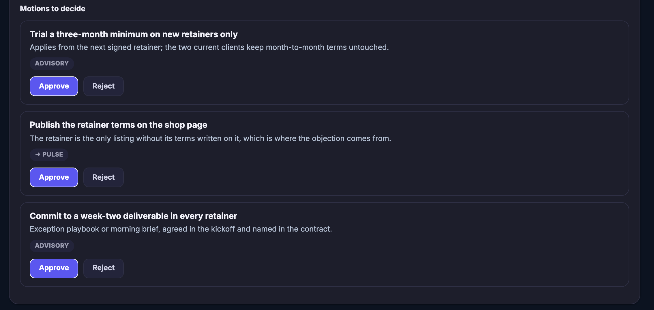 The same meeting&rsquo;s motions, under a heading reading motions to decide. Each sits in its own bordered row: a plain-language motion at the top &mdash; trial the minimum on new retainers only; publish the retainer terms on the shop page; commit to a deliverable in the second week of every retainer &mdash; then one line saying exactly what it would mean, including which clients it would leave untouched. Under that a small pill marking what the motion is: advisory on two of them, and on the other an arrow pointing at the part of the product that would carry it out. Then the decision itself, still open: an approve control filled in indigo beside a plain reject control. The heading sits at the top edge, with the panel it belongs to running on above it, where the cases were put.