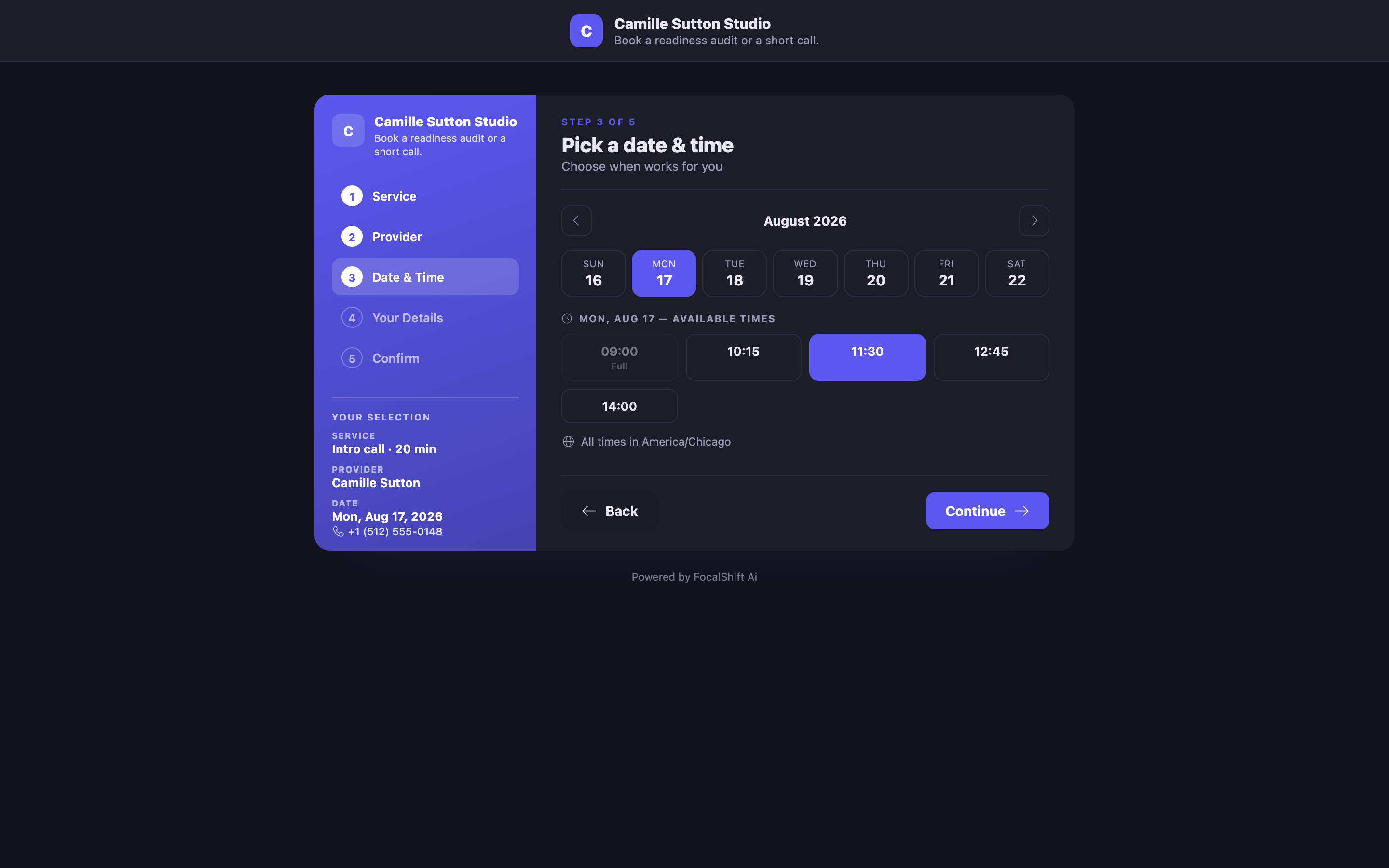 The same public page at the date-and-time step, after a free intro call has been chosen. The sidebar now carries the visitor&rsquo;s selection &mdash; the service and its length, the provider, and the chosen day in August &mdash; above the phone number. The panel shows one August week as a strip of day cards, the chosen day filled violet, then a row of available times for that day: one selected in violet, one greyed and marked full, the others open, over a note naming the American timezone all times are shown in. Back and continue controls close the panel, and the same powered-by line sits under the card.