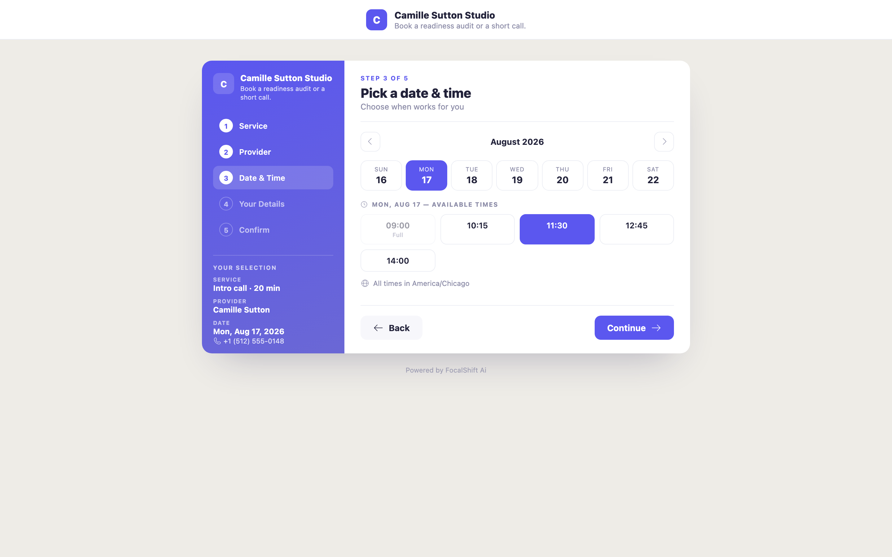 The same public page at the date-and-time step, after a free intro call has been chosen. The sidebar now carries the visitor&rsquo;s selection &mdash; the service and its length, the provider, and the chosen day in August &mdash; above the phone number. The panel shows one August week as a strip of day cards, the chosen day filled violet, then a row of available times for that day: one selected in violet, one greyed and marked full, the others open, over a note naming the American timezone all times are shown in. Back and continue controls close the panel, and the same powered-by line sits under the card.