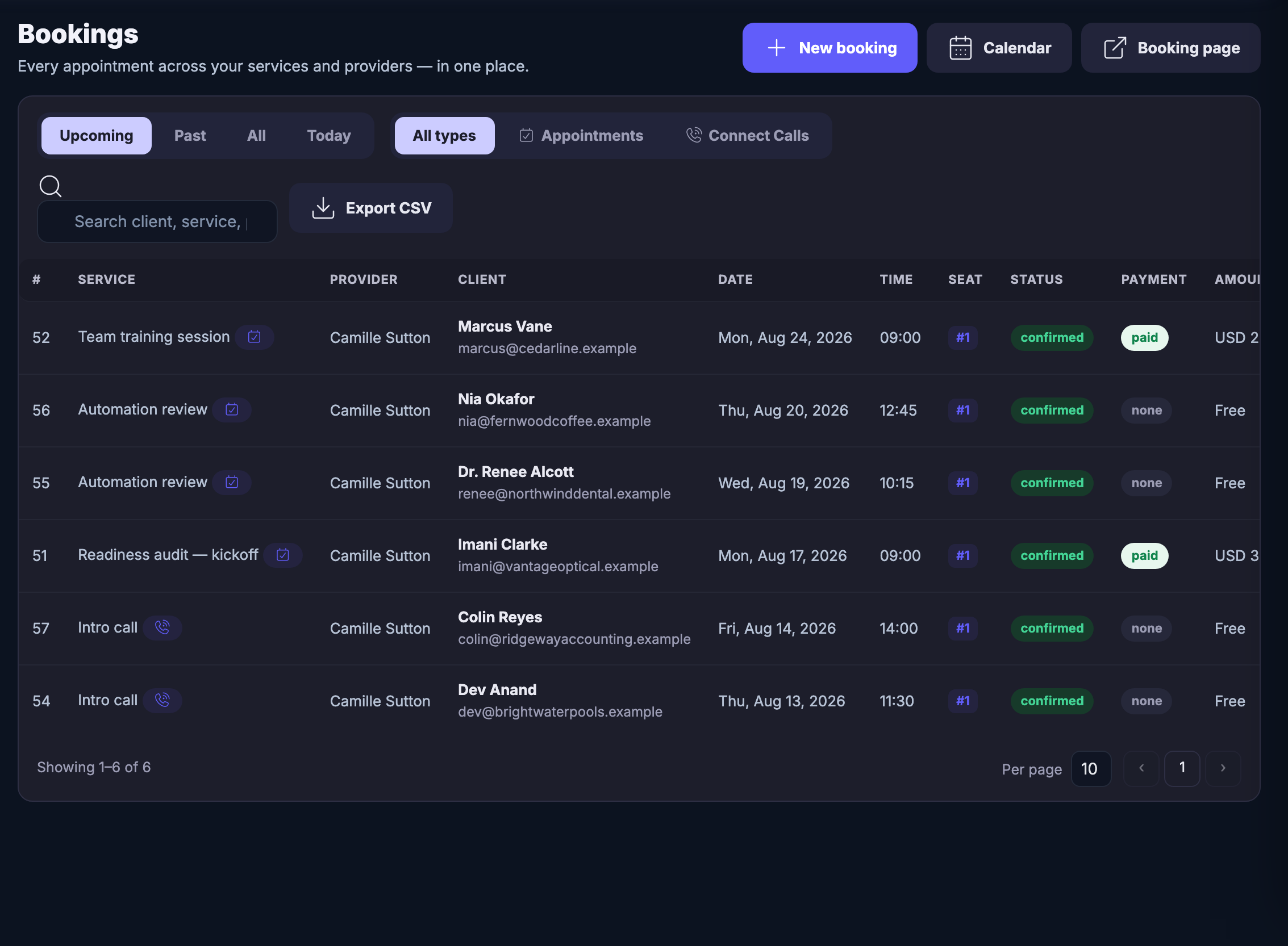 The Bookings list: every appointment across every service and every provider in one table, under the line &ldquo;Every appointment across your services and providers &mdash; in one place.&rdquo; Filter chips sit above it &mdash; upcoming, past, all and today on one side, all types, appointments or connect calls on the other &mdash; beside a search box and an export control. Each row carries a reference, the service booked, the provider taking it &mdash; Camille Sutton on every row of this seeded account &mdash; the client with their email address, the date, the time, the seat, a green confirmed marker, a payment column reading paid on the priced rows and none on the rest, and an amount that runs off the right edge of the window, some rows carrying a price and some reading free.