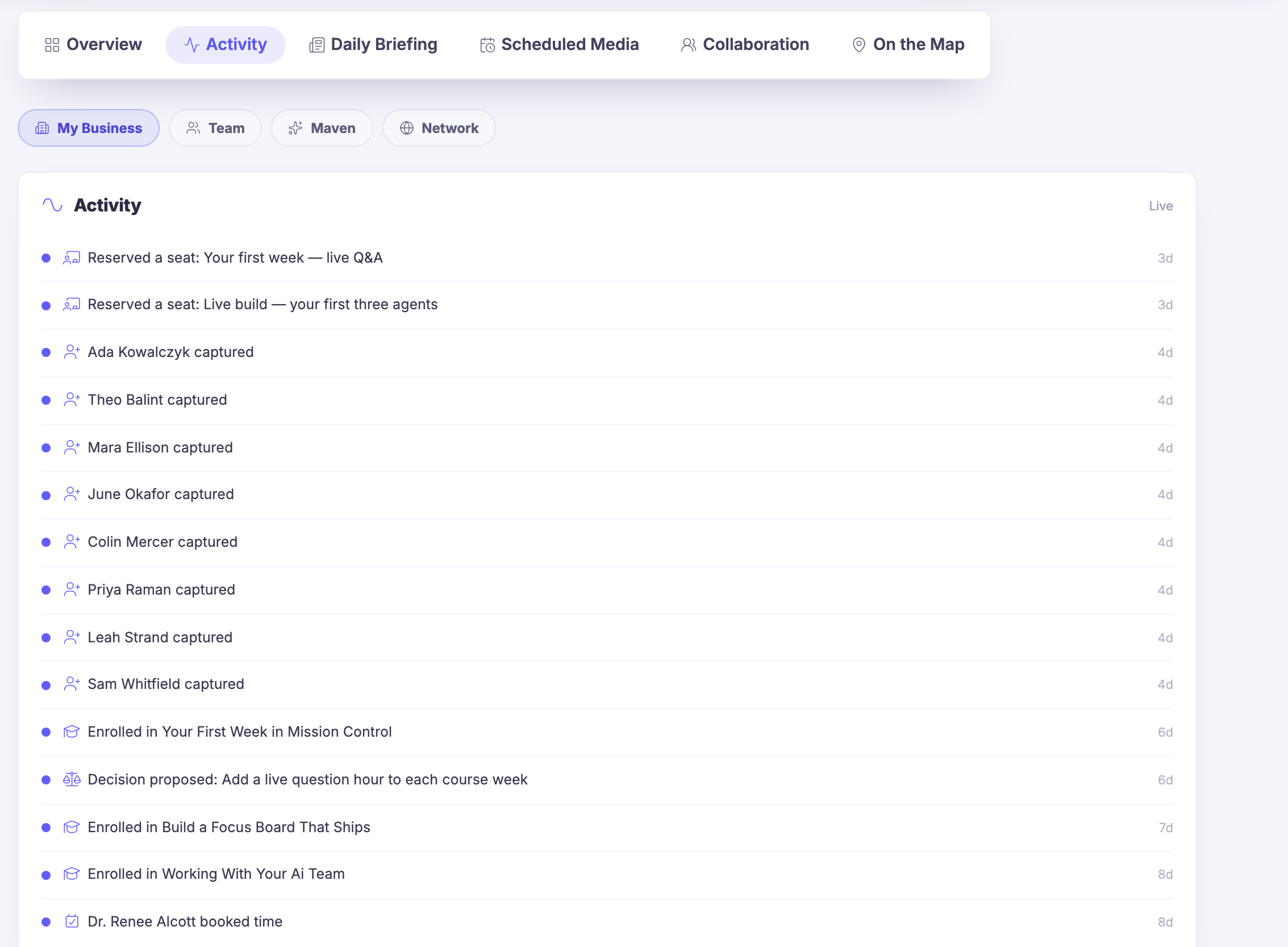 Business Overview on its activity view. Across the top, the screen&rsquo;s own strip of views &mdash; the overview itself, this activity view, the daily briefing, scheduled media, collaboration and the map &mdash; with the activity view chosen. Under it a row of filters deciding whose activity you are reading: your own business, your people, Maven, or the wider network, resting on your own business. Then the panel itself, headed for activity and marked live: a seat reserved for a first-week question hour and another for a live build, then person after person captured into your records, a course enrolled, a decision put up for the team&rsquo;s verdict, two more courses enrolled, and a client booking time &mdash; newest at the top, each row carrying its own small icon for the kind of thing it was and, on the right, how long ago it happened. The list runs on past the foot of the frame.