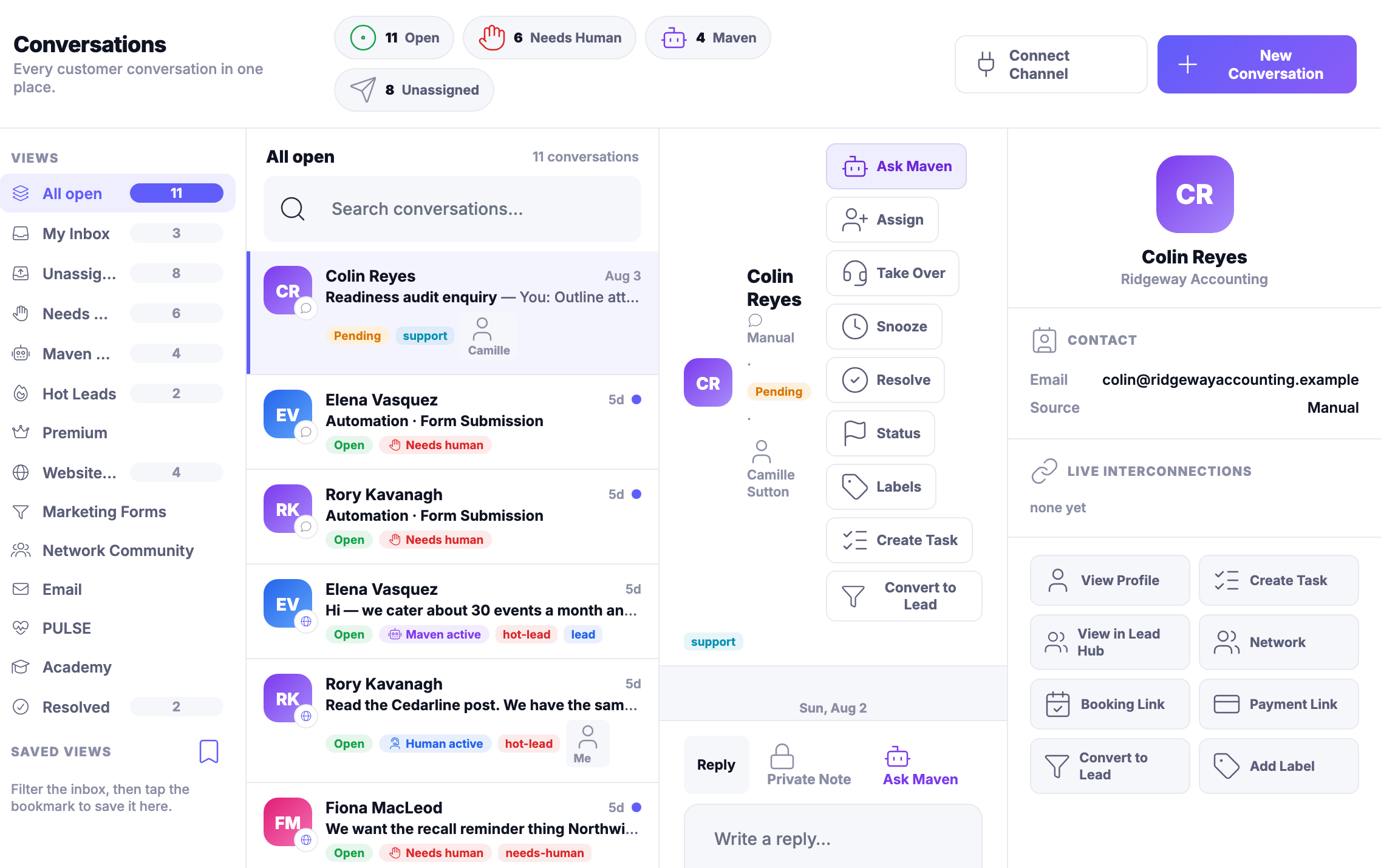 The Conversations inbox in three panes: on the left the views a message can be filtered into &mdash; all open, my inbox, unassigned, needs a human, the ones Maven is handling, hot leads, premium, website messages, marketing forms, network community, mail, Pulse, Academy and resolved, and beneath them a saved-views section that stays empty until a filter is bookmarked into it; in the middle the open threads themselves, each showing the customer, the first line of what they wrote, how long it has been waiting and whether Maven or a person is on it; and on the right the selected conversation with the reply box beneath it, the controls that assign, take over, snooze or resolve it, and the customer&rsquo;s own record beside it &mdash; their address, where they first came from, and the links that open their profile, their lead record or a booking. The reply composer runs on past the bottom edge of the frame.