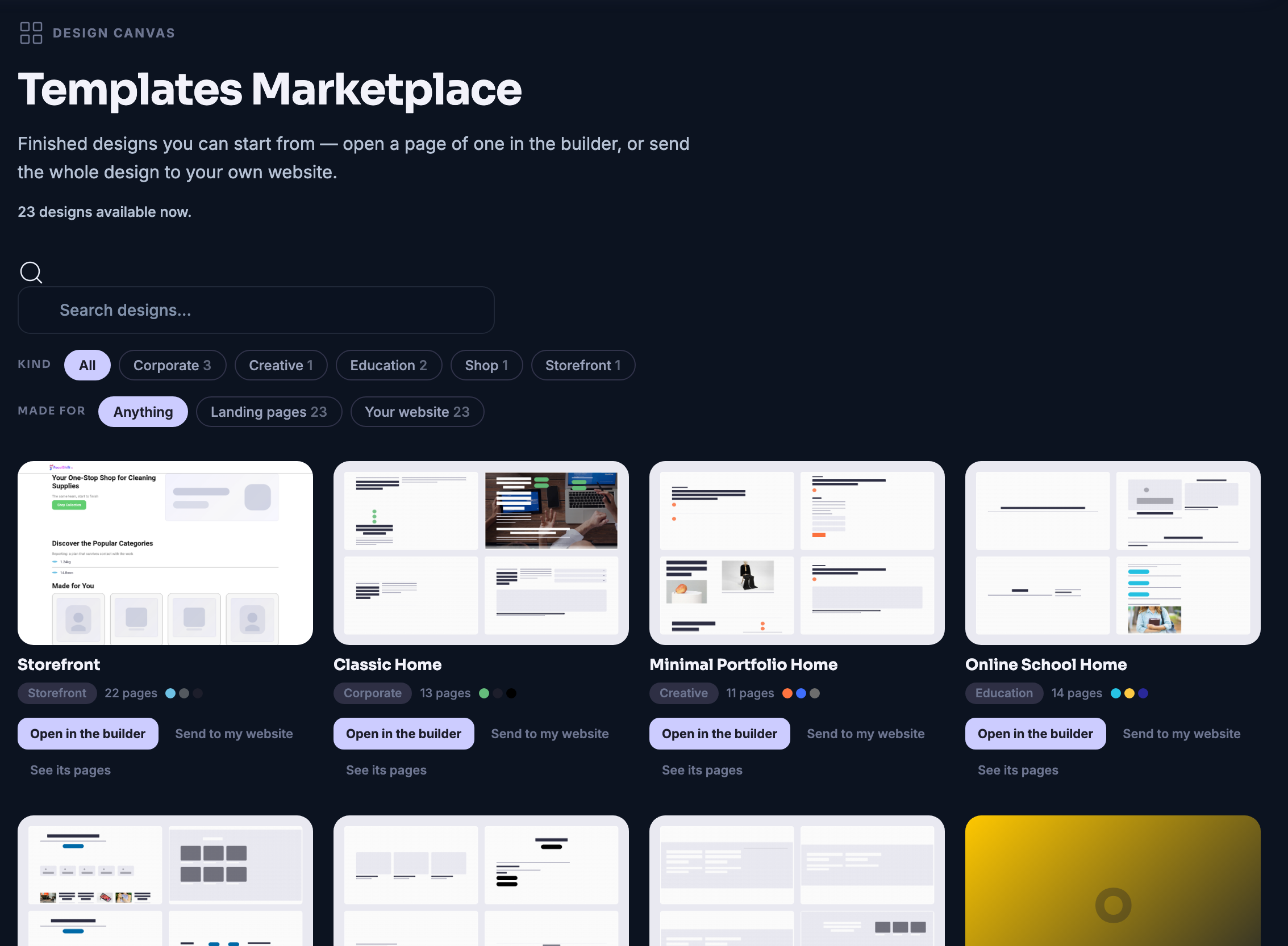 The Templates Marketplace on the Design Canvas: a shelf of finished designs to start from — a storefront, a classic home page, a minimal portfolio home, an online school — each one shown as a thumbnail of its layout rather than a name, and labelled underneath with the kind of business it was made for, how many pages it holds and the palette it uses, drawn as small coloured dots. Every design carries a control that opens it in the builder, one that sends the whole design to a site of your own, and a link to look through its pages first. Above the shelf sit a search box and two rows of filters — the kind of business, and whether a design is meant to be a landing page or a whole website. The page’s own kicker reads Design Canvas, and the grid runs on past the bottom edge of the frame.