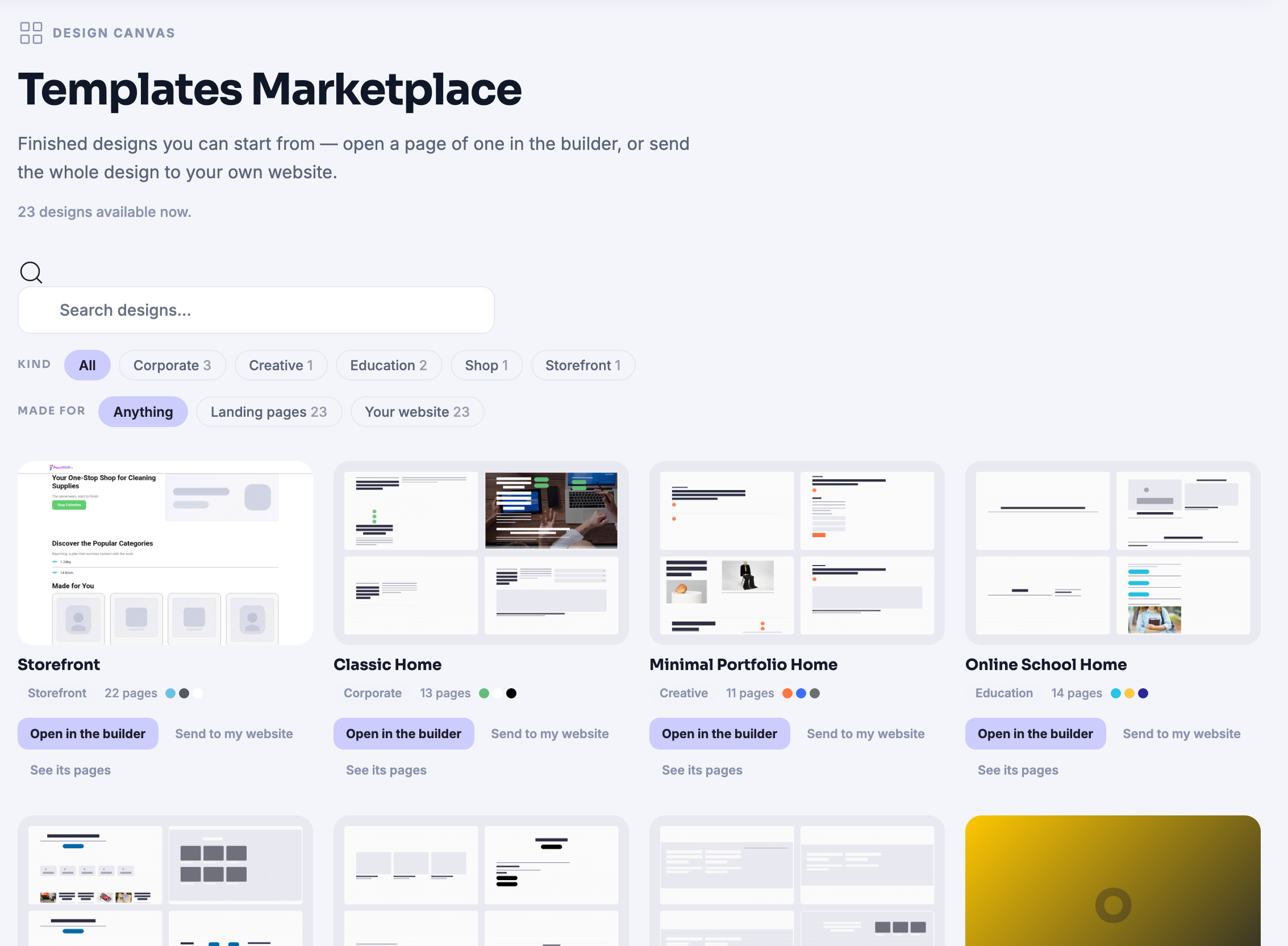 The Templates Marketplace on the Design Canvas: a shelf of finished designs to start from — a storefront, a classic home page, a minimal portfolio home, an online school — each one shown as a thumbnail of its layout rather than a name, and labelled underneath with the kind of business it was made for, how many pages it holds and the palette it uses, drawn as small coloured dots. Every design carries a control that opens it in the builder, one that sends the whole design to a site of your own, and a link to look through its pages first. Above the shelf sit a search box and two rows of filters — the kind of business, and whether a design is meant to be a landing page or a whole website. The page’s own kicker reads Design Canvas, and the grid runs on past the bottom edge of the frame.