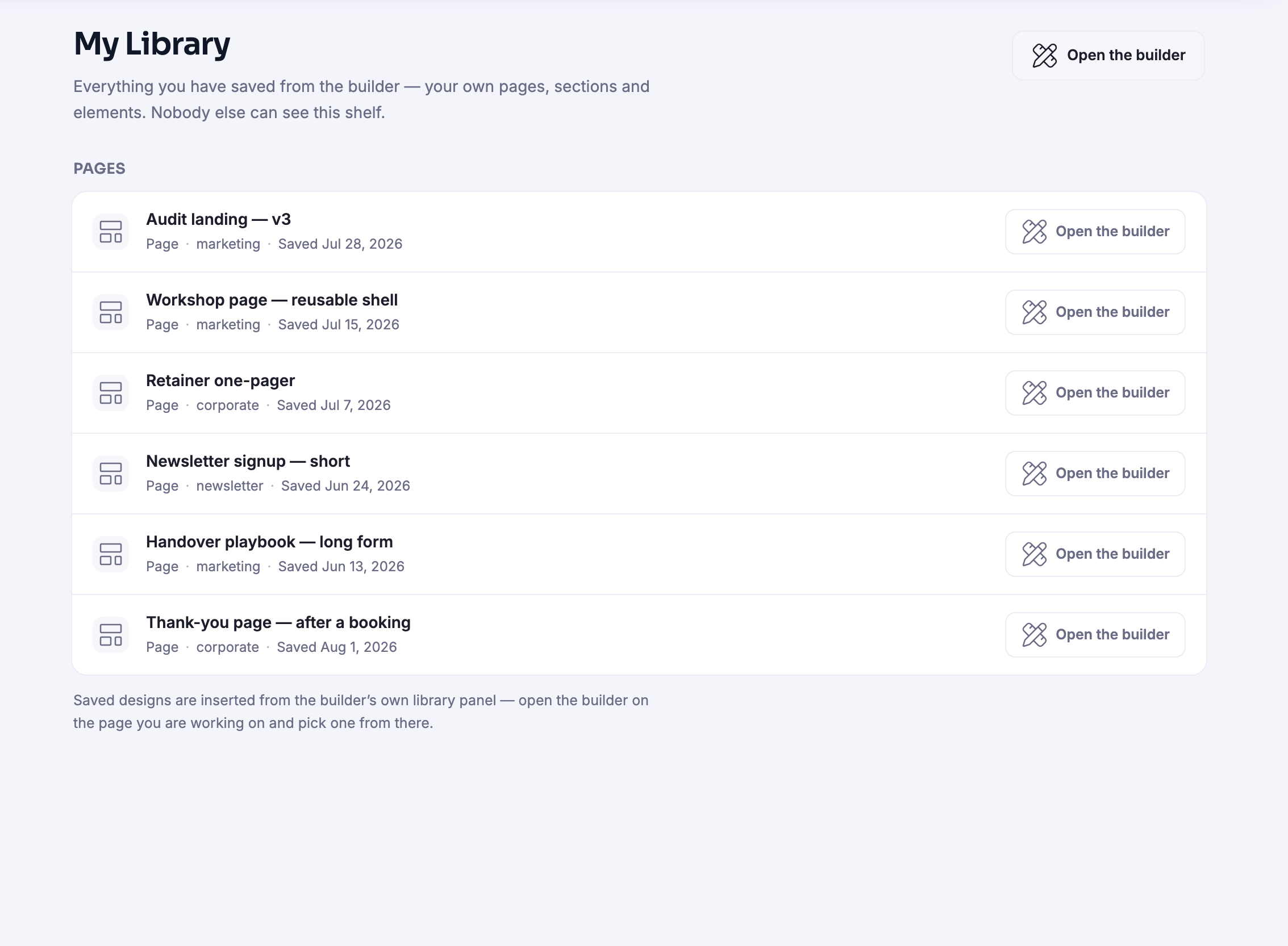 My Library on the Design Canvas: the pages this member has saved out of the builder, filed under a single Pages heading, one to a row — an audit landing page, a reusable workshop shell, a retainer one-pager, a short newsletter signup, a long-form handover playbook, and a thank-you page for after a booking. Each row says what kind of thing it is, the label it was filed under and the date it was saved, and carries a control that opens it back up in the builder. A line at the head of the shelf says that this is everything you have saved and that nobody else can see it; a line at the foot explains that a saved design is dropped in from the builder’s own library panel while you are working on a page.
