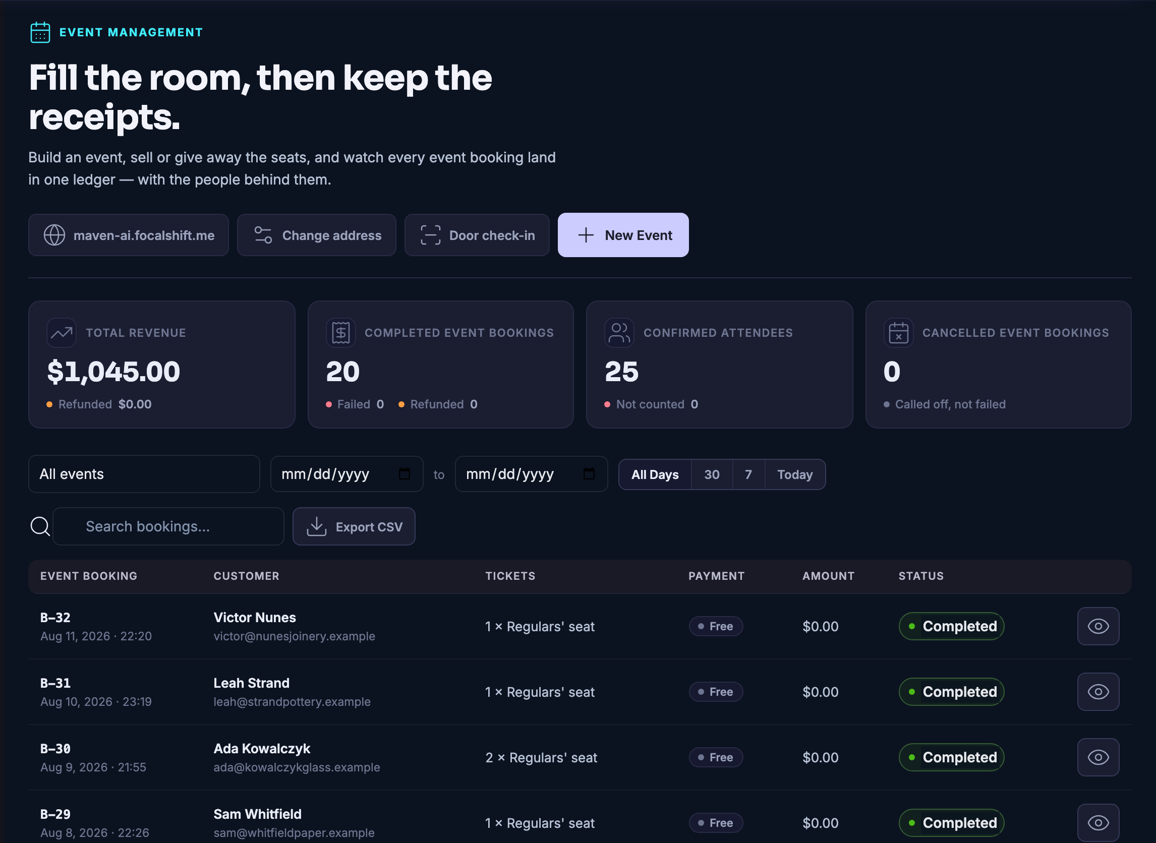 Every booking across your events in one list &mdash; some free, some paid offline &mdash; and every row reads as completed.