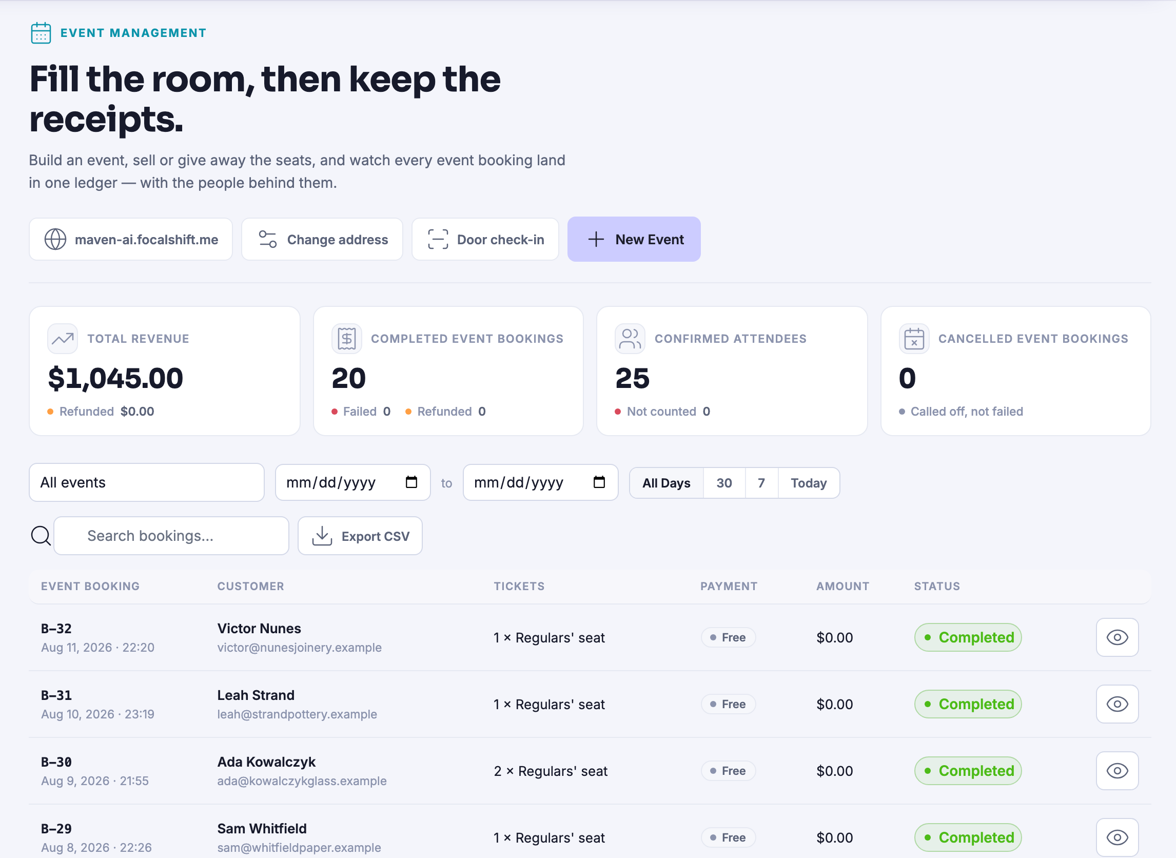 Every booking across your events in one list &mdash; some free, some paid offline &mdash; and every row reads as completed.