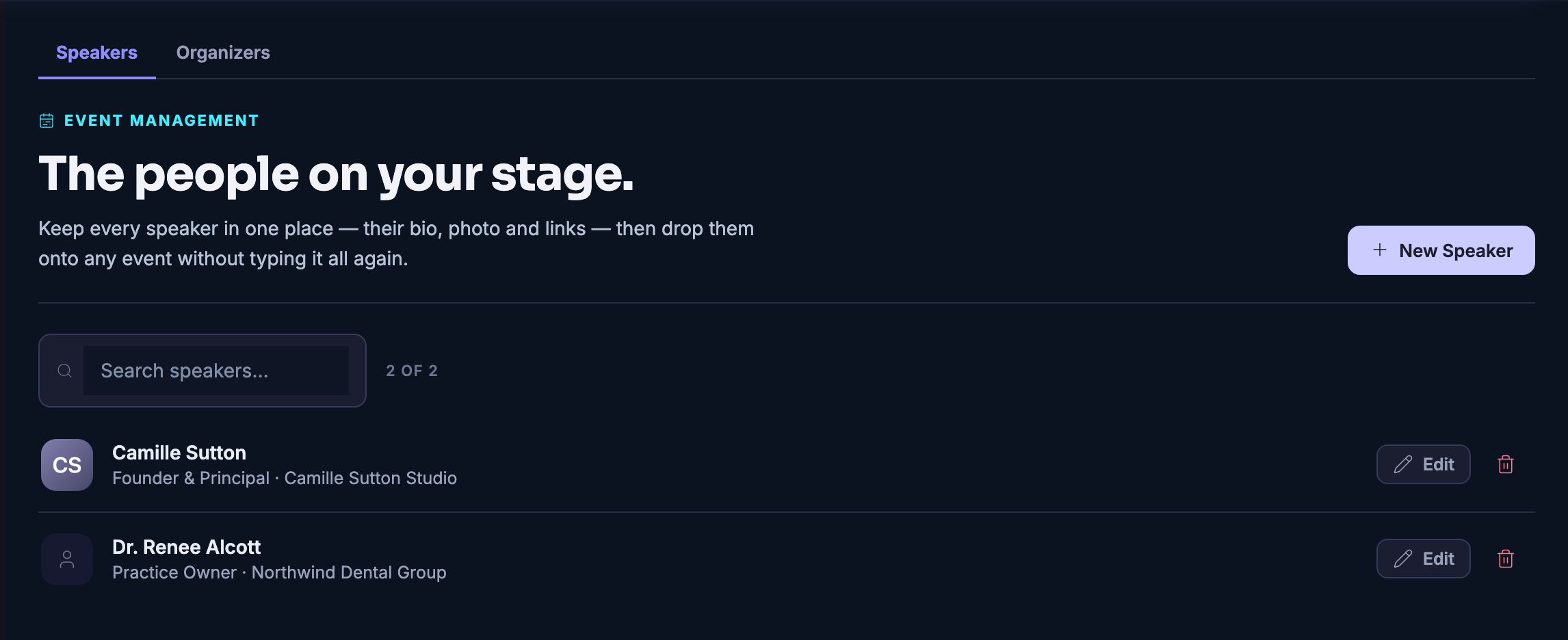 People: the speakers kept in one place and dropped onto any event rather than typed out again &mdash; each with a name, a role and the business they come from, and an edit control beside them &mdash; under tabs that keep the speakers and the organisers apart.
