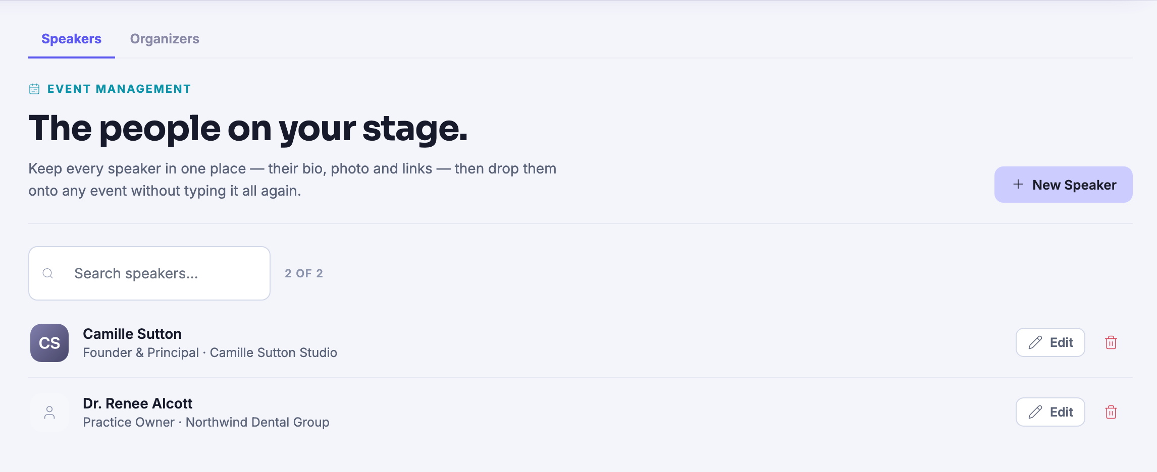 People: the speakers kept in one place and dropped onto any event rather than typed out again &mdash; each with a name, a role and the business they come from, and an edit control beside them &mdash; under tabs that keep the speakers and the organisers apart.