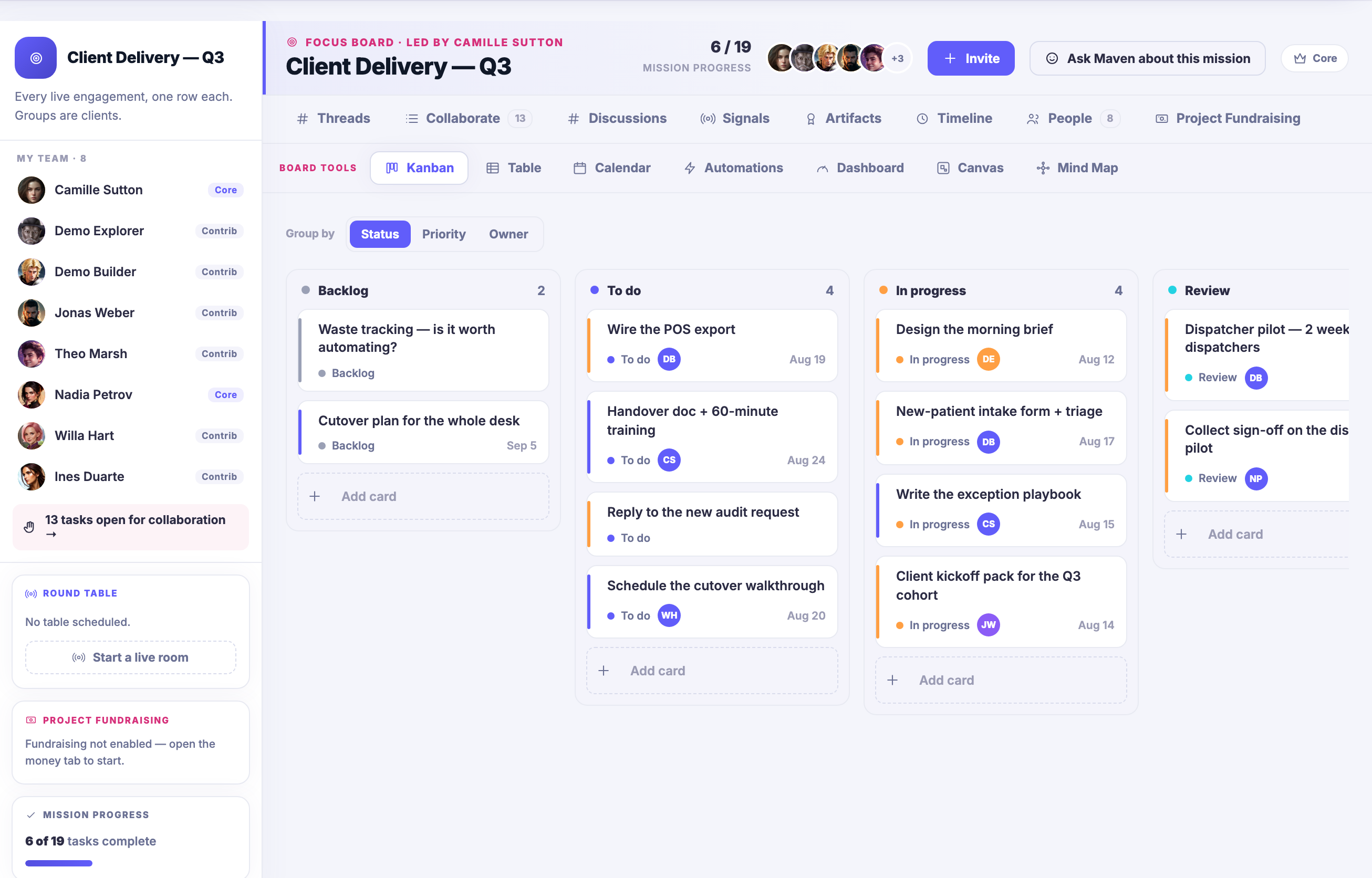 The first board as a Kanban: its tasks in columns by where they have actually got to &mdash; backlog, to do, in progress, and a review column running on past the right edge of the frame &mdash; each card carrying its status, whose it is and when it is due.