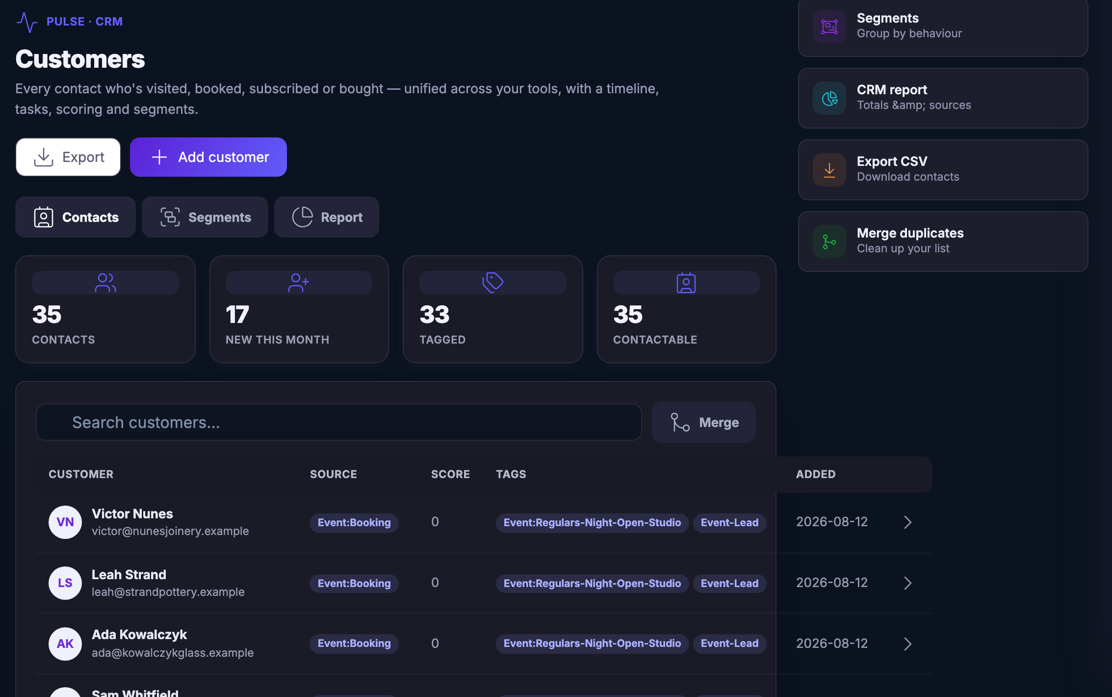 The Customers book: everyone who has visited, booked, subscribed or bought, unified across your tools into one record each, with the door they came through named on every row and the tags that grouped them.