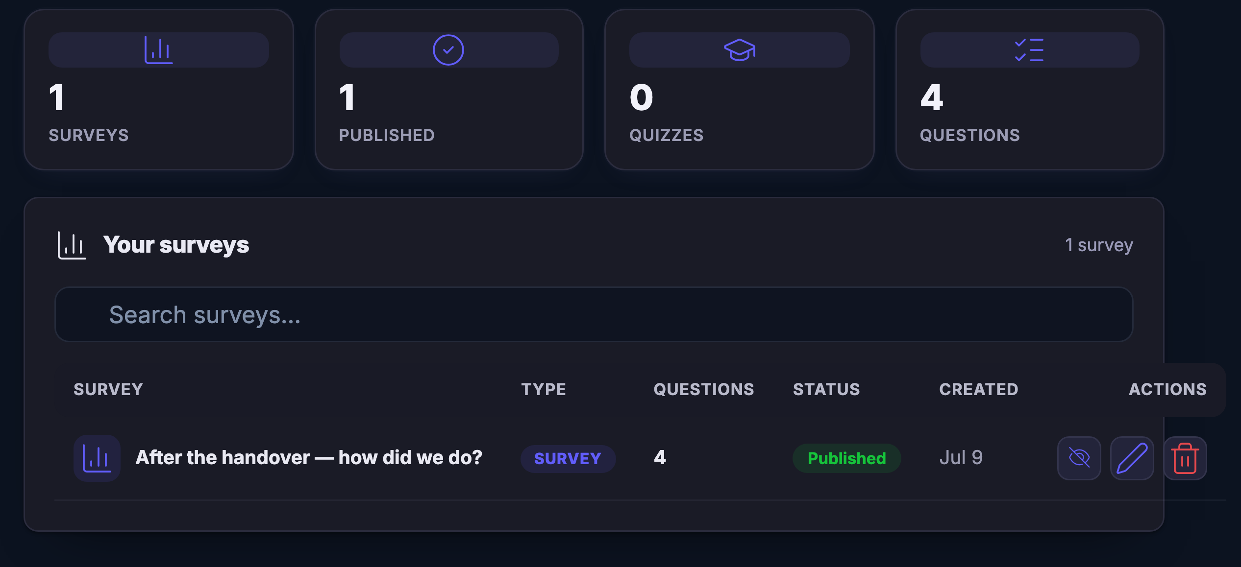 Surveys and quizzes on the same shelf as your forms: a published survey with its questions, ready to collect feedback, qualify a lead or ask a quick question while the attention is still warm.