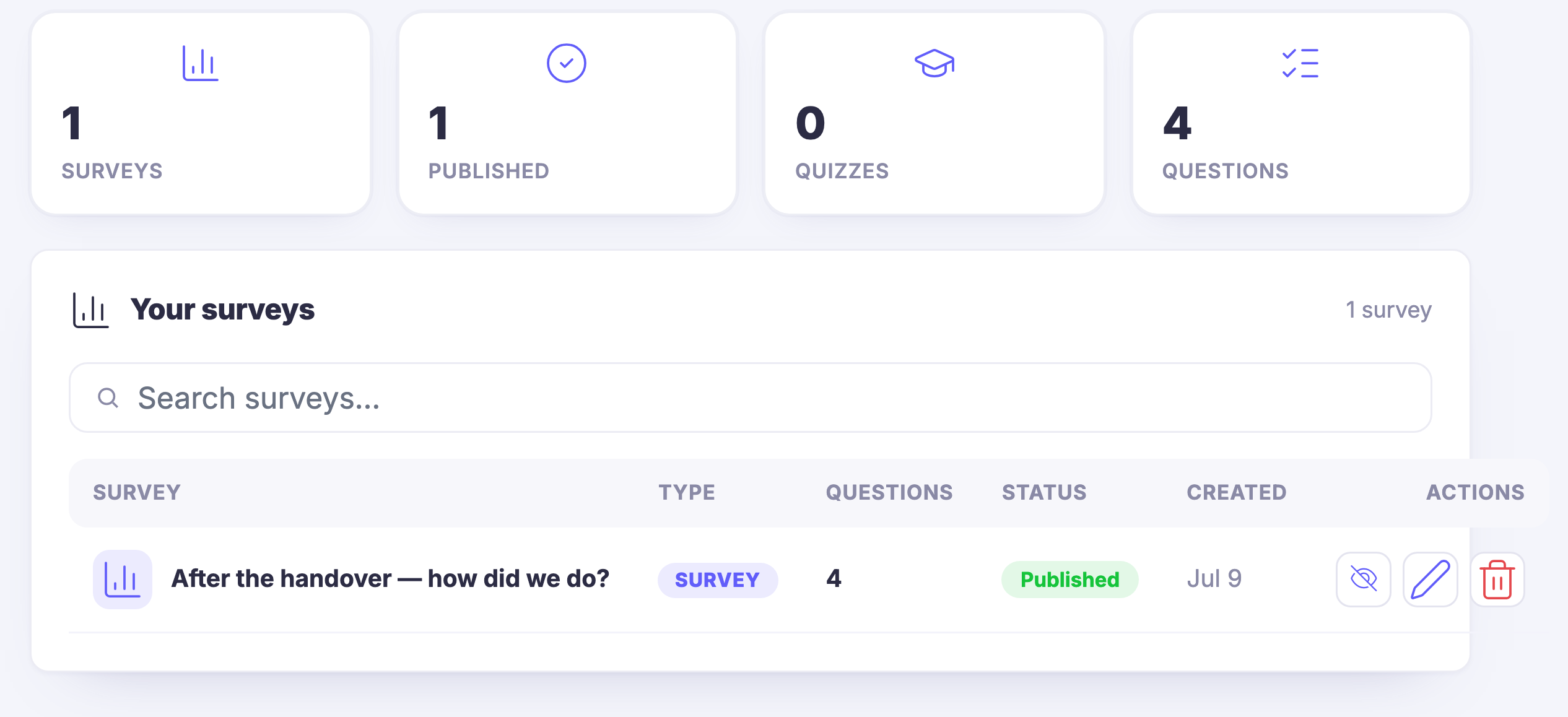 Surveys and quizzes on the same shelf as your forms: a published survey with its questions, ready to collect feedback, qualify a lead or ask a quick question while the attention is still warm.