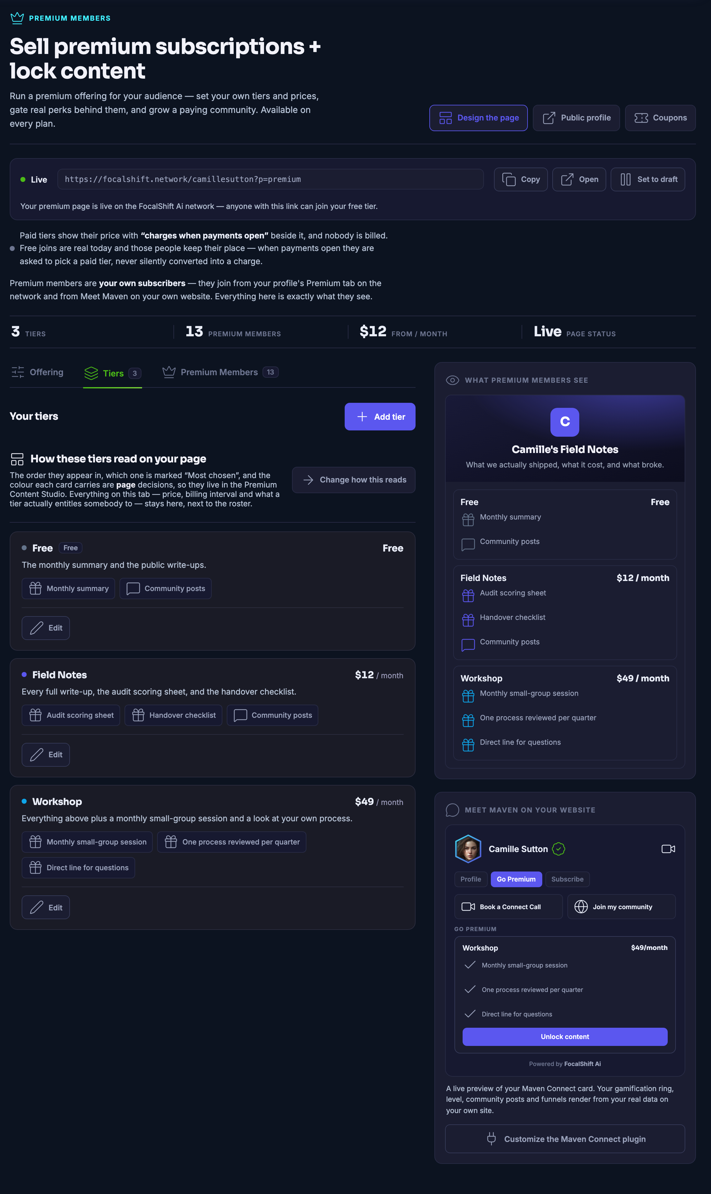 The Premium Members console on the Tiers tab: the live address of your own premium page, then your tiers one under another with what each of them entitles somebody to, the console&rsquo;s own plain statement that a paid tier shows its price beside the words charges when payments open and that nobody is billed, and beside all of it a live preview of what a premium member sees, its title sitting on a dark banner that swallows it in the light theme while its tagline stays legible.