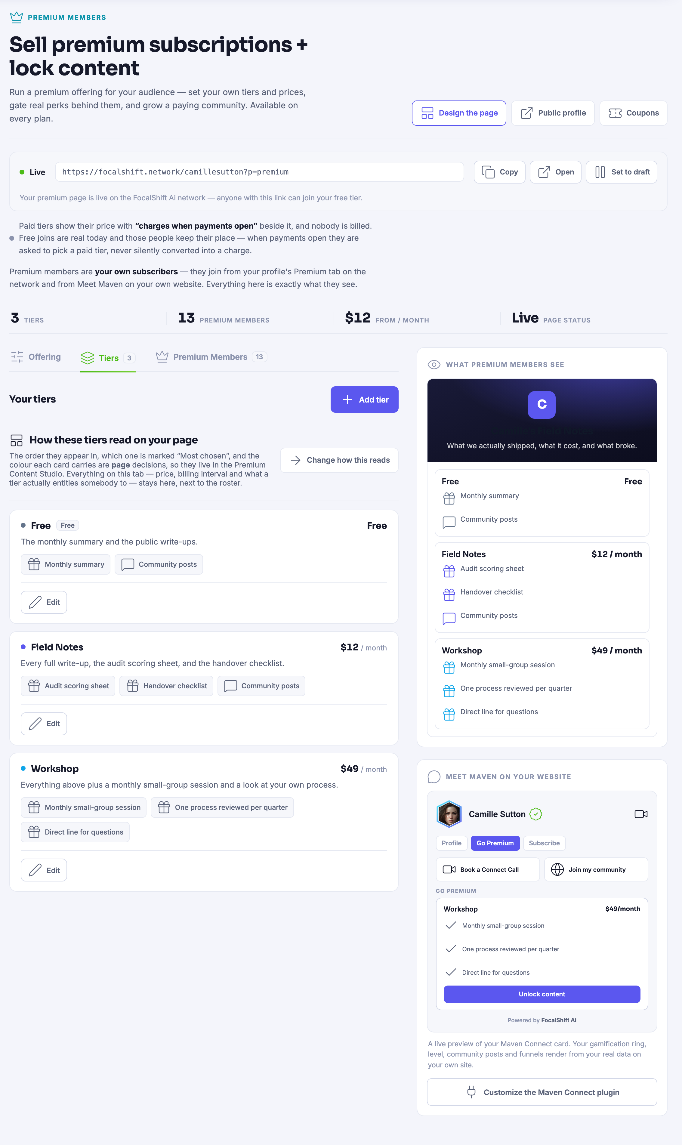 The Premium Members console on the Tiers tab: the live address of your own premium page, then your tiers one under another with what each of them entitles somebody to, the console&rsquo;s own plain statement that a paid tier shows its price beside the words charges when payments open and that nobody is billed, and beside all of it a live preview of what a premium member sees, its title sitting on a dark banner that swallows it in the light theme while its tagline stays legible.