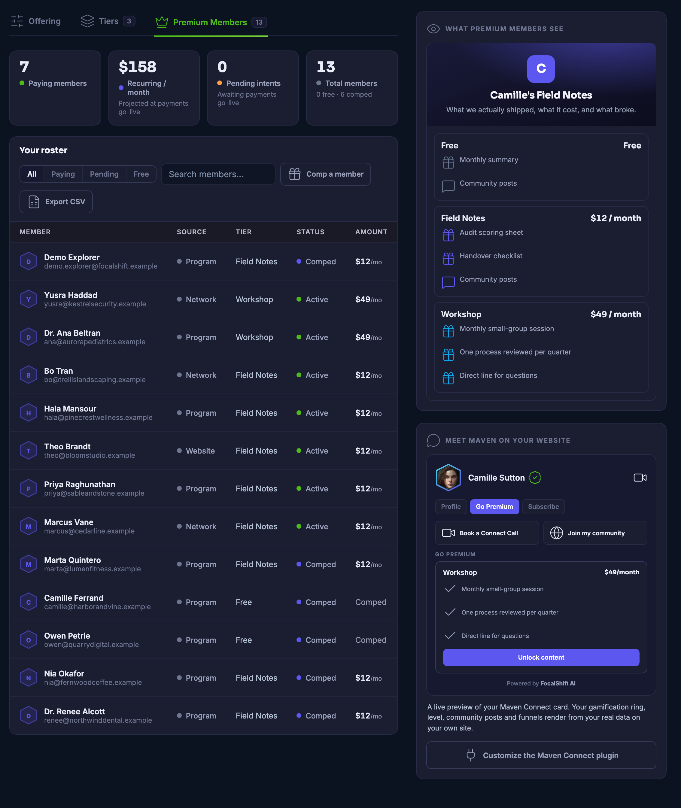 The same console on the Premium Members tab: your roster as a list rather than a number &mdash; a name on every row, the level they are on, where they joined from, and whether their place is active or comped &mdash; under the console&rsquo;s own labels saying the recurring figure is projected and the pending one awaiting, because payments have not opened.