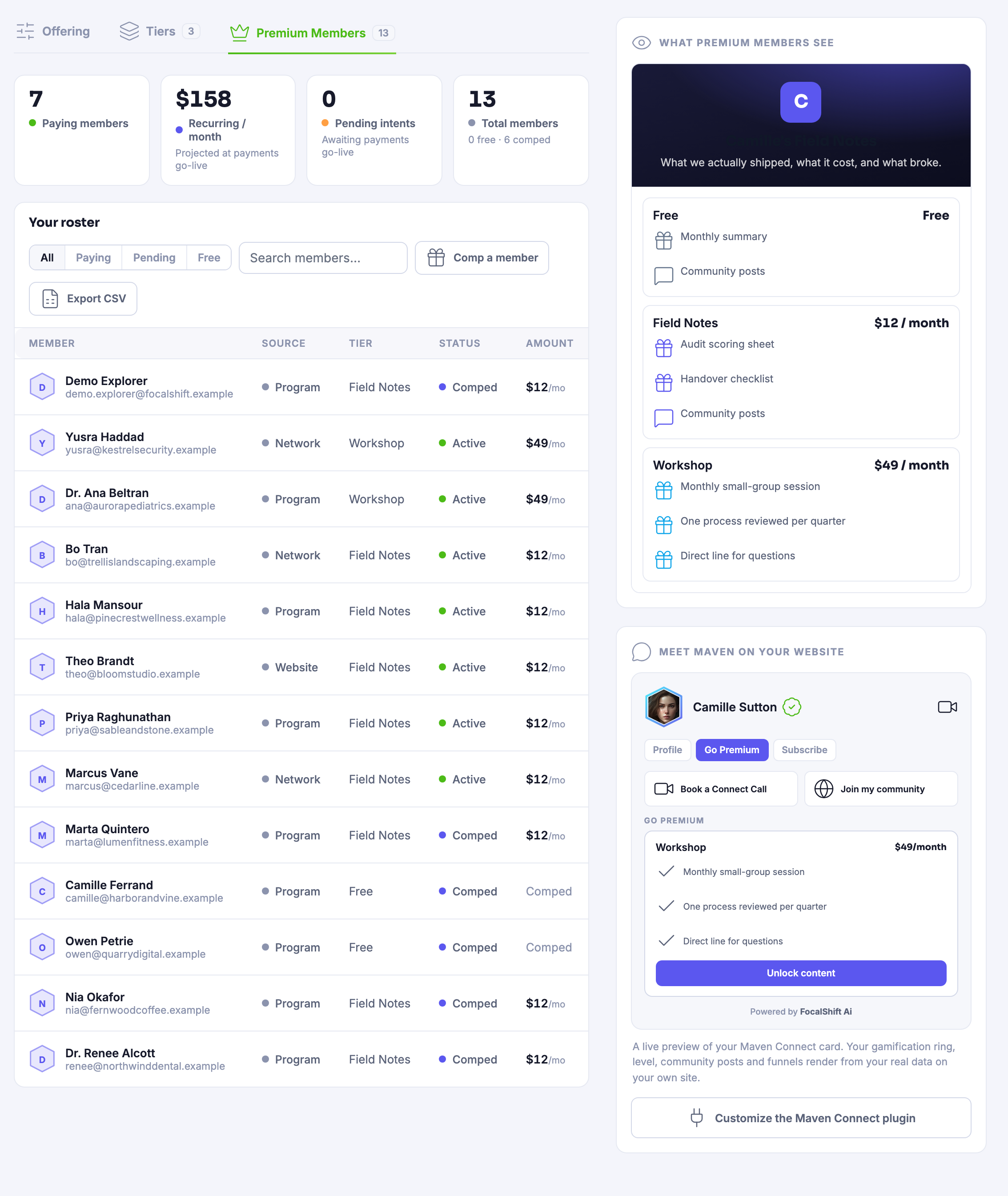 The same console on the Premium Members tab: your roster as a list rather than a number &mdash; a name on every row, the level they are on, where they joined from, and whether their place is active or comped &mdash; under the console&rsquo;s own labels saying the recurring figure is projected and the pending one awaiting, because payments have not opened.