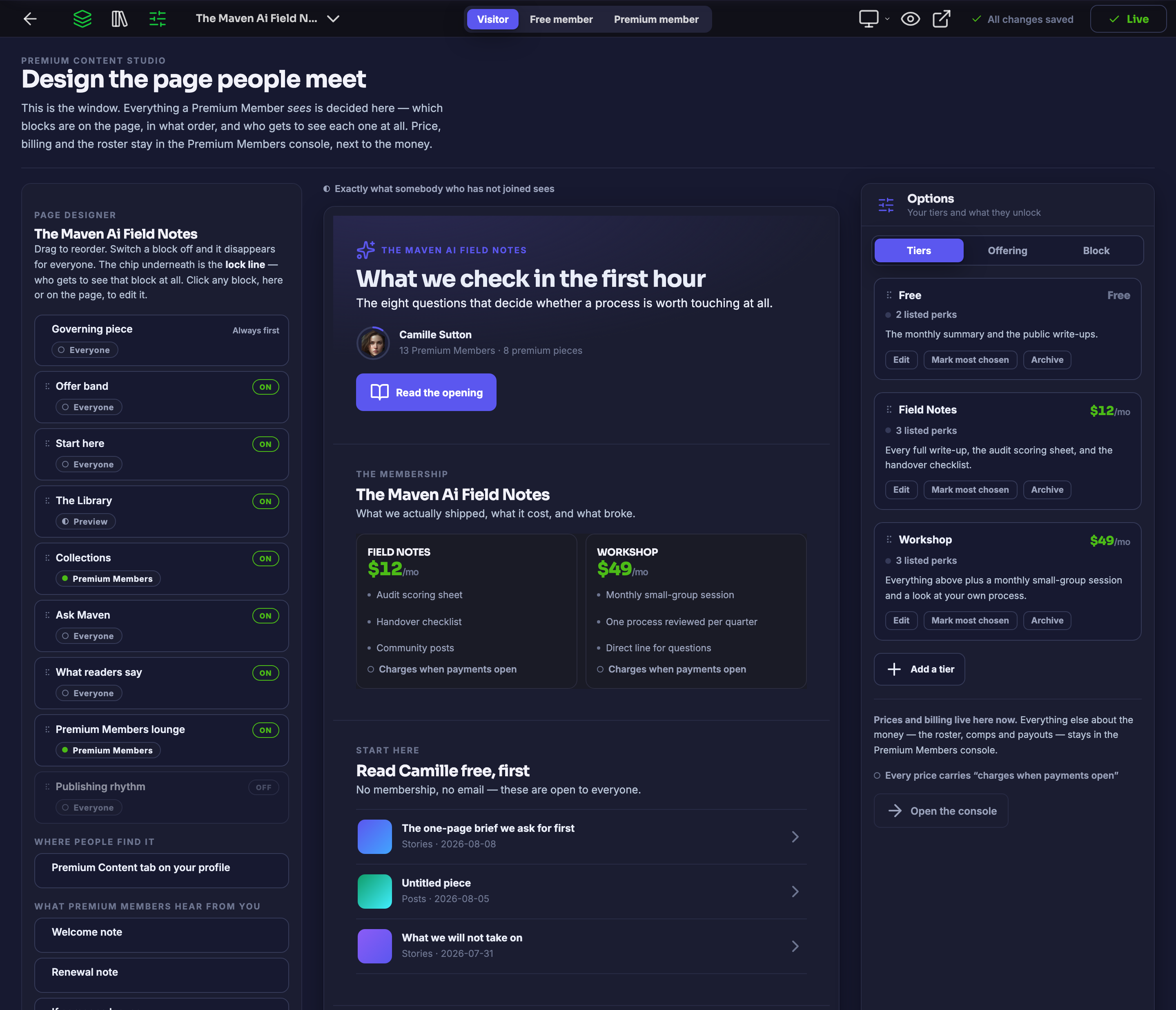 The Premium Content Studio, where the page your members meet is built block by block: every block carrying its own lock line &mdash; everyone, preview, or premium members &mdash; the page itself in the middle, your levels and what they unlock down the right, and a switch across the top that shows you the page as a visitor, as a free member and as a premium member.
