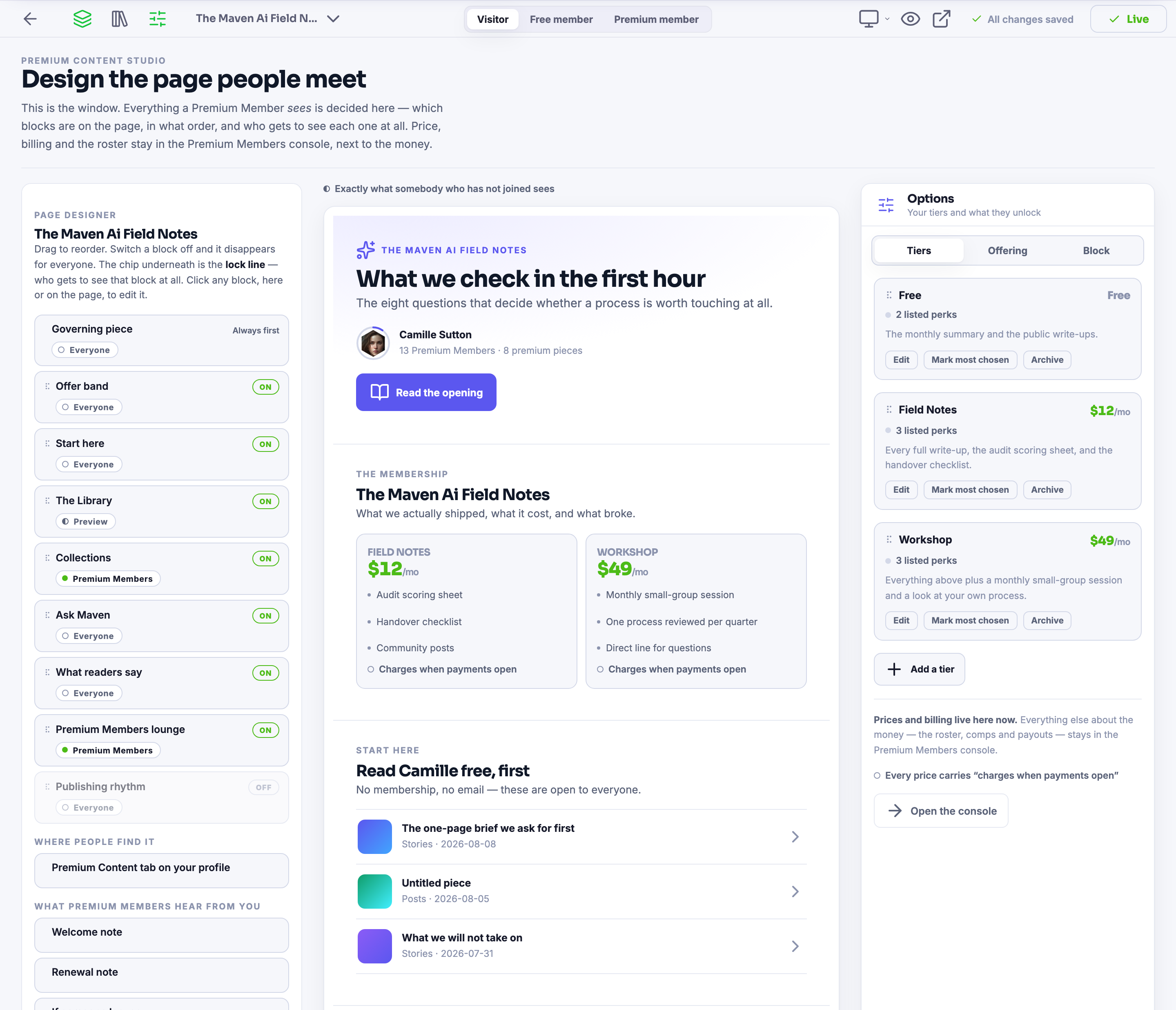 The Premium Content Studio, where the page your members meet is built block by block: every block carrying its own lock line &mdash; everyone, preview, or premium members &mdash; the page itself in the middle, your levels and what they unlock down the right, and a switch across the top that shows you the page as a visitor, as a free member and as a premium member.