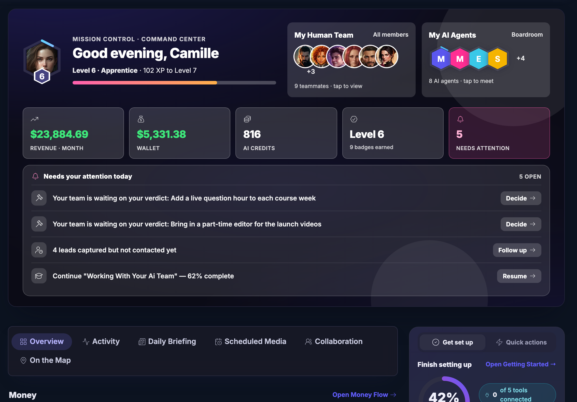 Business Overview: the month&rsquo;s revenue and your wallet balance sat beside the work needing your attention today, with the money broken out by the stream it arrived from &mdash; bookings, tips and backing, premium subscribers and the rest.