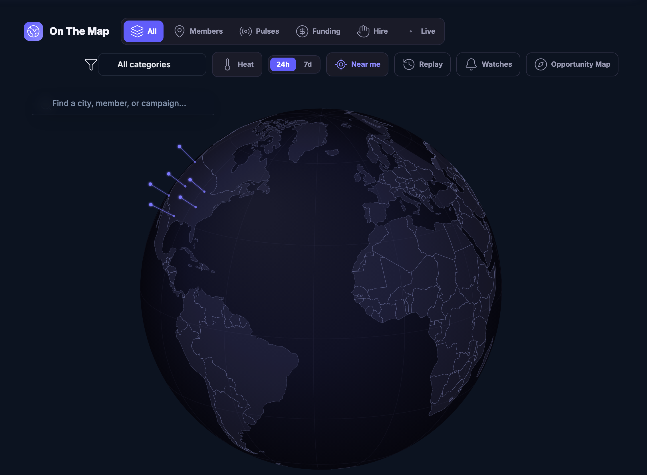 The On The Map area open on World Map: a header row that filters the globe by members, live pulses, funding, hiring or live activity, a category selector, controls for heat and recent windows, replay and watches, a shortcut across to the Opportunity Map, and a search field inviting a city, a member or a campaign by name. Filling the rest of the frame, a dark globe turned to the Atlantic with a small scatter of glowing spikes rising from a cluster of cities in eastern North America, with Europe in plain view and nothing lit there or anywhere else &mdash; the network is small and the picture says so.