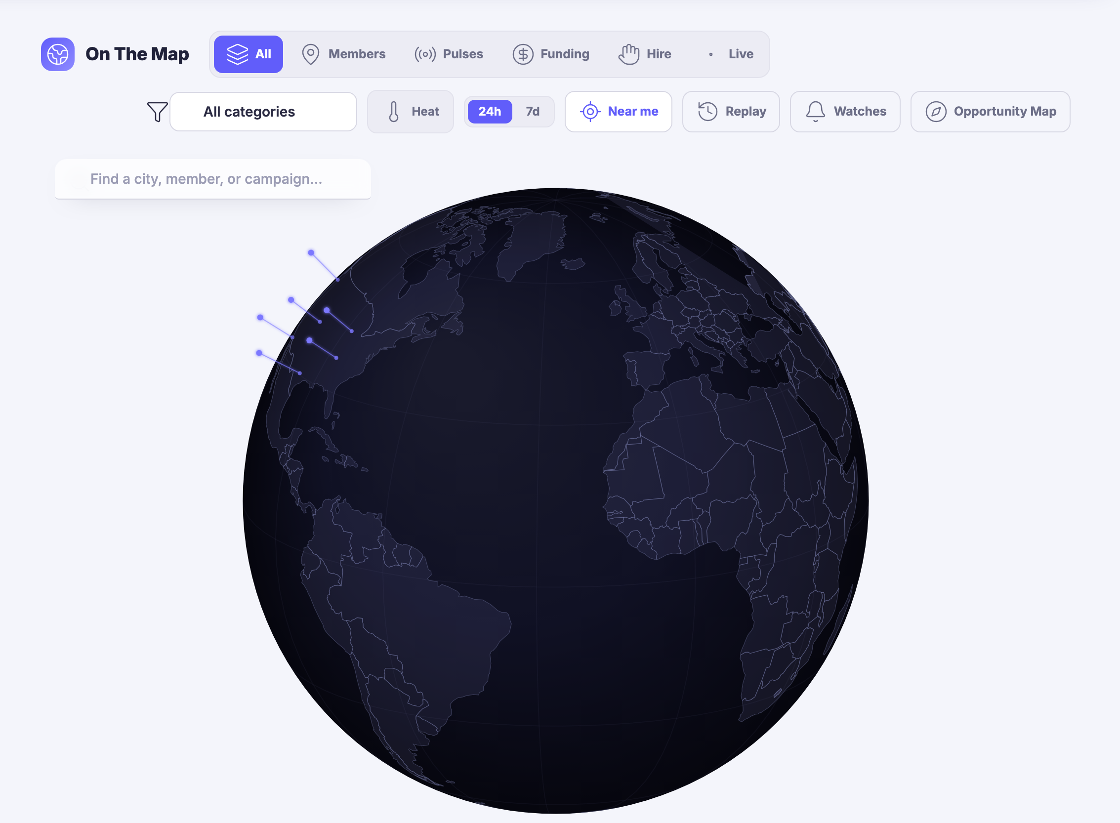 The On The Map area open on World Map: a header row that filters the globe by members, live pulses, funding, hiring or live activity, a category selector, controls for heat and recent windows, replay and watches, a shortcut across to the Opportunity Map, and a search field inviting a city, a member or a campaign by name. Filling the rest of the frame, a dark globe turned to the Atlantic with a small scatter of glowing spikes rising from a cluster of cities in eastern North America, with Europe in plain view and nothing lit there or anywhere else &mdash; the network is small and the picture says so.