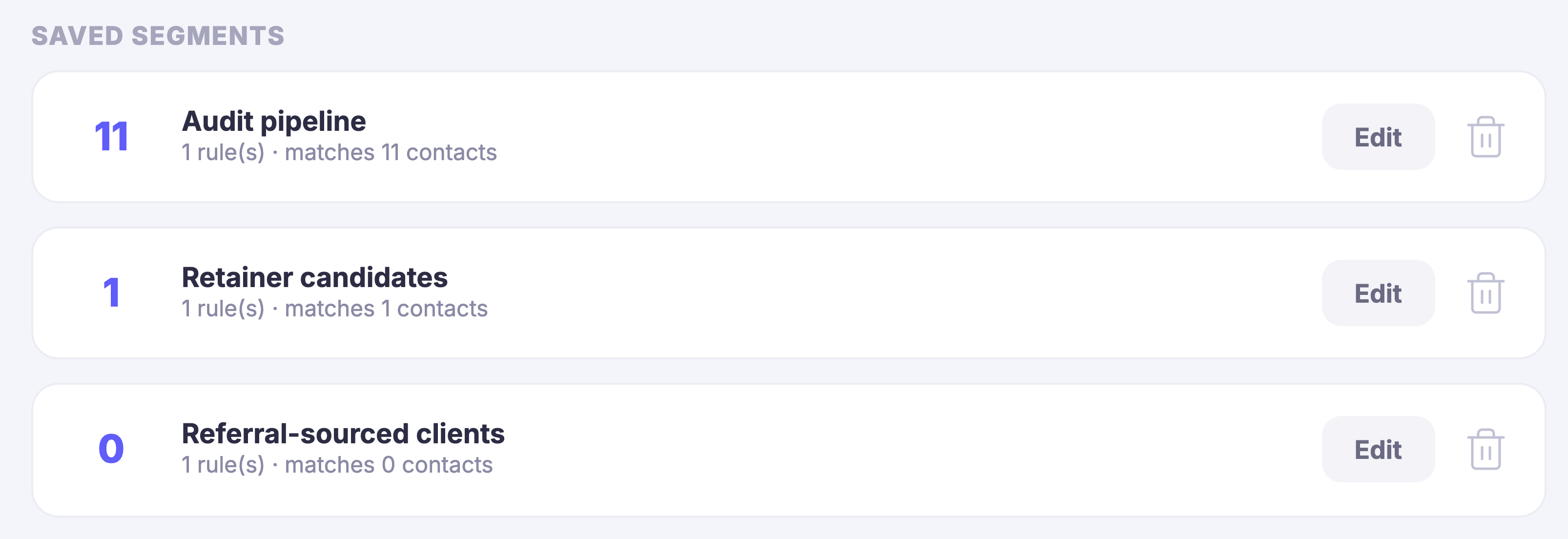 The saved groups on the customer records, under a label reading saved segments: an audit pipeline, retainer candidates, and referral-sourced clients. Each one carries at its left how many people it currently matches, and under its name how many rules it holds &mdash; printed with a bracketed plural ending instead of the right word for the number, which is a fault in the product&rsquo;s own wording. Controls to edit the group or to throw it away sit at the right of each row. The last of them, referral-sourced clients, matches nobody at all.