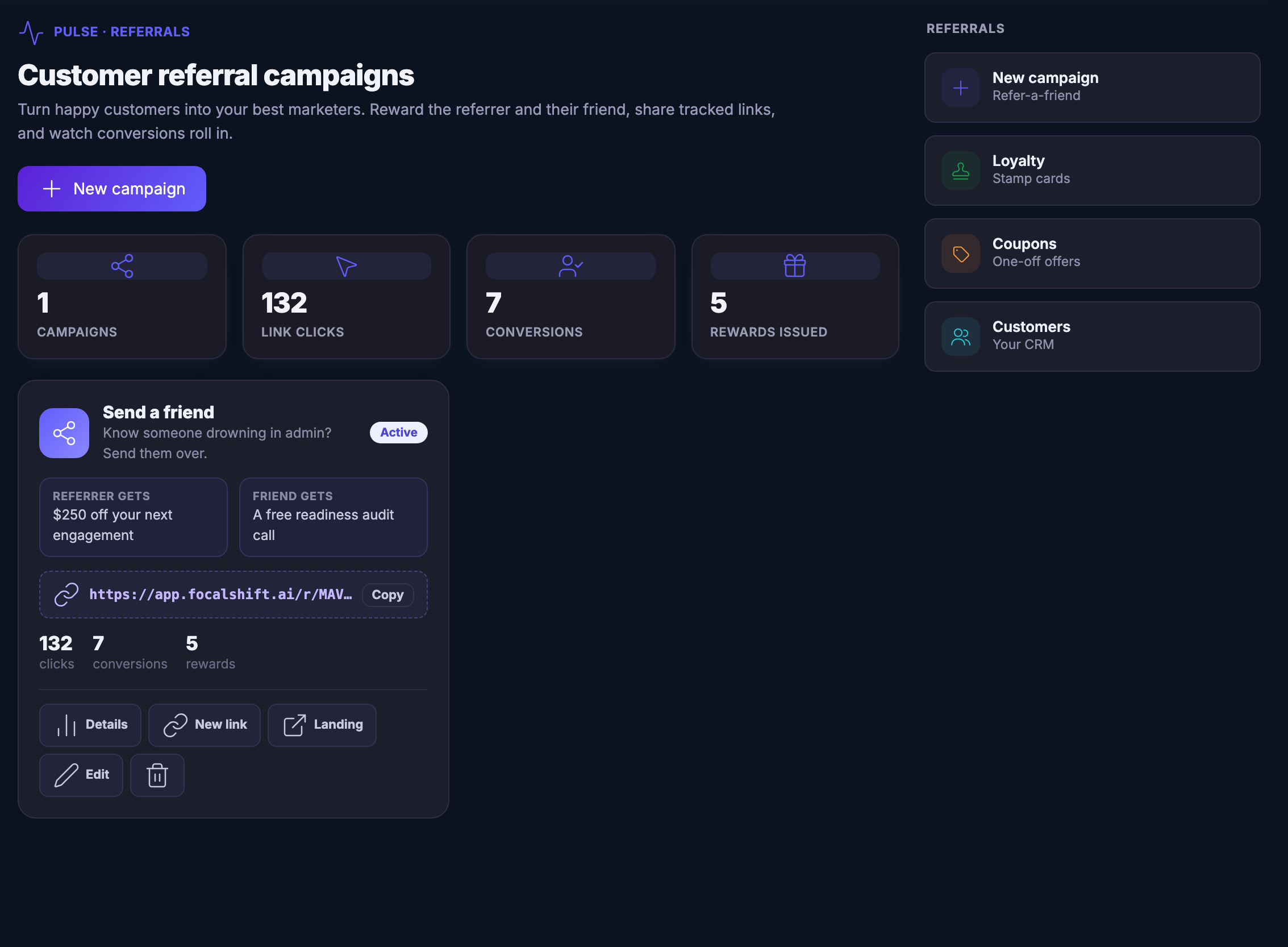 The Referrals screen inside the Customers workspace, tagged pulse and referrals above a heading reading customer referral campaigns, with a line under it about turning happy customers into your best marketers, rewarding the referrer and their friend, sharing tracked links and watching conversions roll in. Under a filled control for a new campaign, four counters run across the width &mdash; campaigns, link clicks, conversions and rewards issued &mdash; each carrying its own figure above its label. Below them a single campaign card headed Send a friend, marked active, opening with the question whether you know someone drowning in admin. Two panels sit side by side inside it: what the referrer gets, which is a stated sum off their next engagement, and what the friend gets, which is a free readiness audit call. Under those the campaign&rsquo;s own share link, on the platform&rsquo;s own web address and truncated to fit, with a copy control beside it; then the campaign&rsquo;s own running counts of clicks, conversions and rewards, each figure over its word. The card closes with a row of controls &mdash; details, filled and selected, then new link, landing and edit &mdash; and one further control which paints a bin glyph in the dark frame and, in the light frame, renders as an outline with nothing inside it. On the right a column of doors: a new refer-a-friend campaign, loyalty stamp cards, one-off coupon offers, and the customer book.