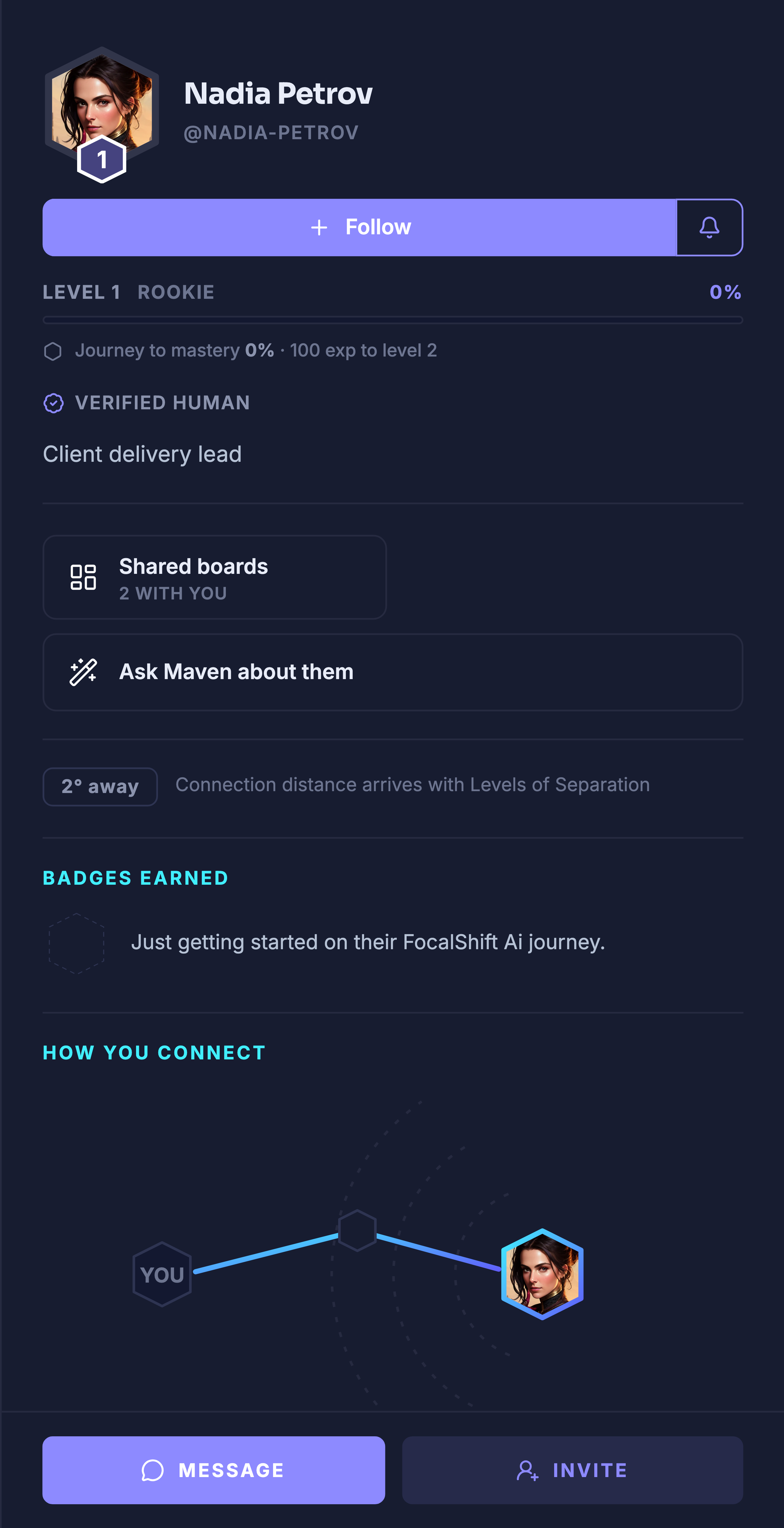 A teammate&rsquo;s card opened into the platform&rsquo;s own member drawer: portrait and handle above a follow control, their level and journey-to-mastery line, the product&rsquo;s verified-human mark, their role headline, a shared-boards panel counting the boards you have in common, an ask-Maven-about-them control, a connection-distance chip noting that connection distance arrives with Levels of Separation, a badges line whose only slot is still an empty outline beside the note that they are just getting started on the platform, a how-you-connect map from you to them, and message and invite controls at the foot.