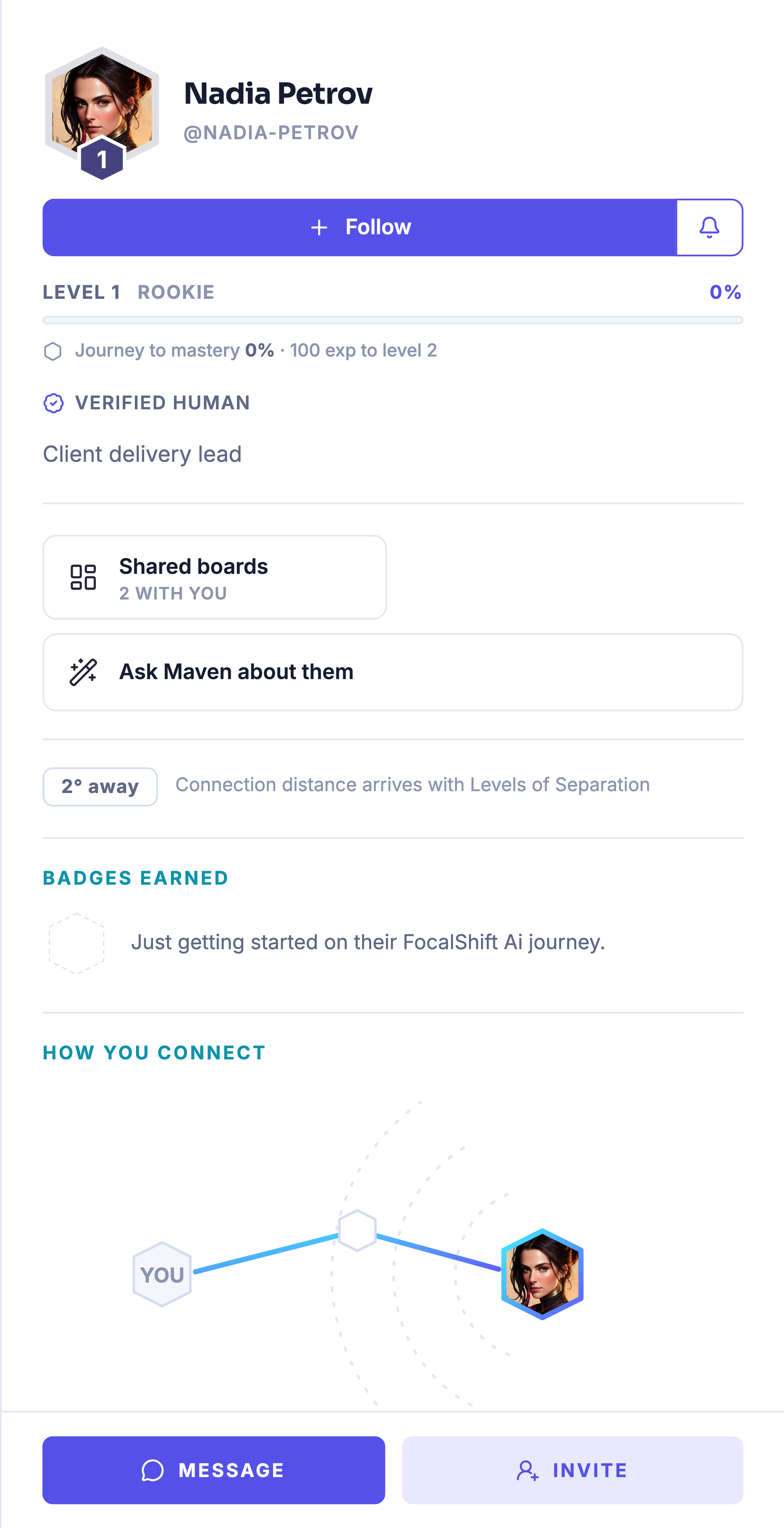 A teammate&rsquo;s card opened into the platform&rsquo;s own member drawer: portrait and handle above a follow control, their level and journey-to-mastery line, the product&rsquo;s verified-human mark, their role headline, a shared-boards panel counting the boards you have in common, an ask-Maven-about-them control, a connection-distance chip noting that connection distance arrives with Levels of Separation, a badges line whose only slot is still an empty outline beside the note that they are just getting started on the platform, a how-you-connect map from you to them, and message and invite controls at the foot.