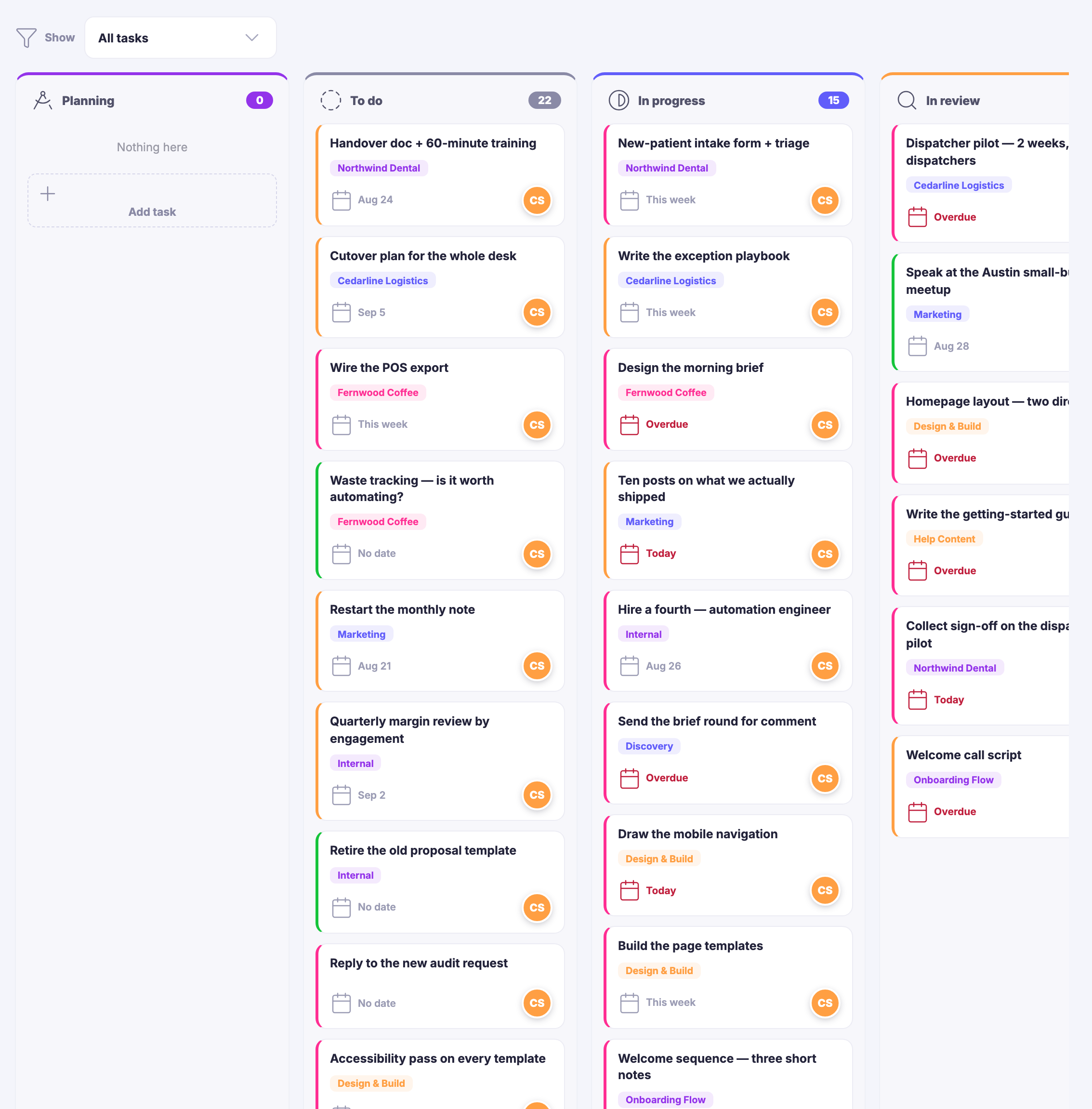 The Kanban board: every task across the whole workspace arranged by status &mdash; planning, to do, in progress, in review &mdash; most cards carrying the client or the project they belong to, the date each is due where one is set, and who has it.