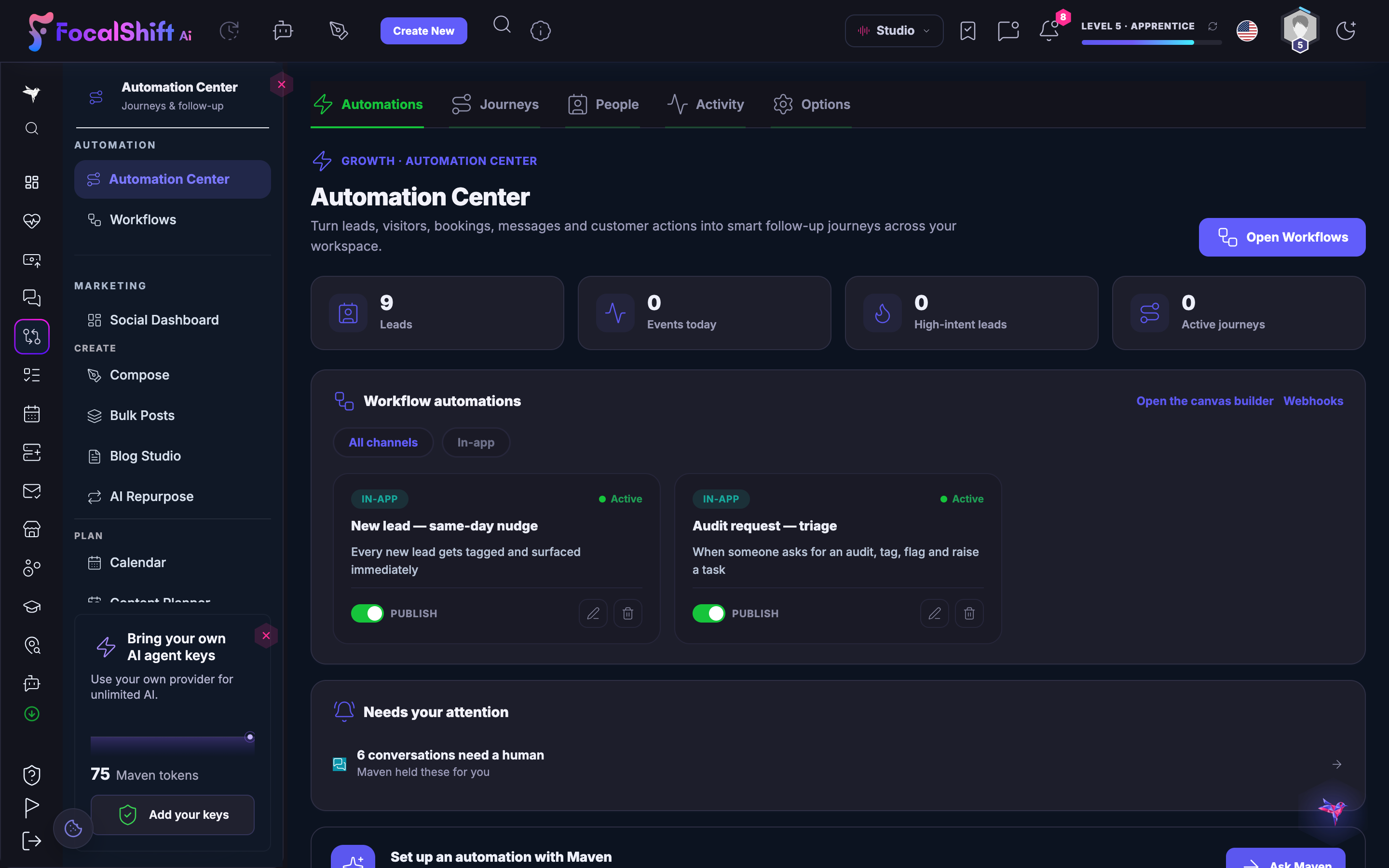 The Automation Center: leads, visitors, bookings and messages turned into follow-up journeys, with two live automations — one that tags and surfaces every new lead the same day, one that triages an incoming audit request — each with its publish switch.