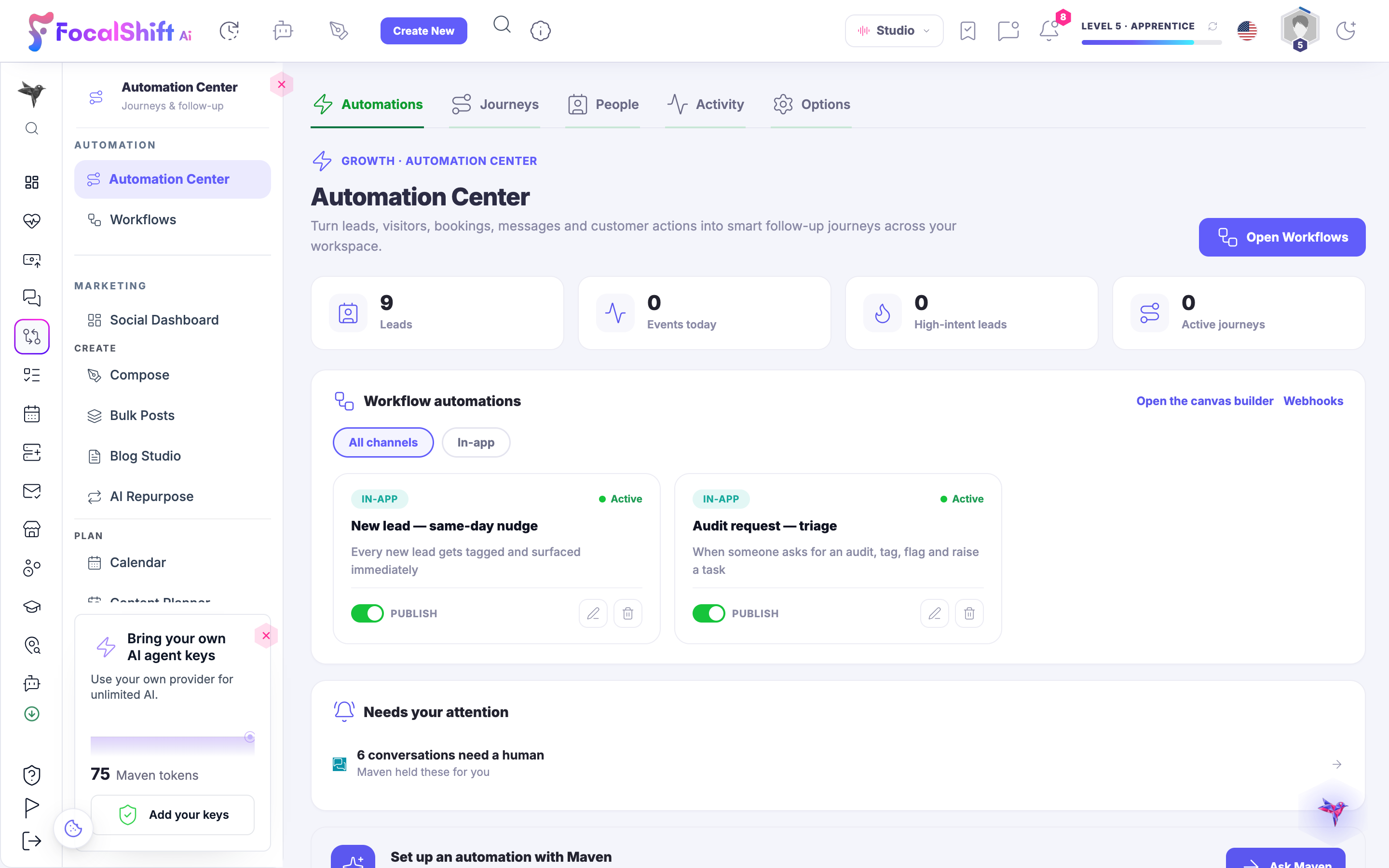 The Automation Center: leads, visitors, bookings and messages turned into follow-up journeys, with two live automations — one that tags and surfaces every new lead the same day, one that triages an incoming audit request — each with its publish switch.