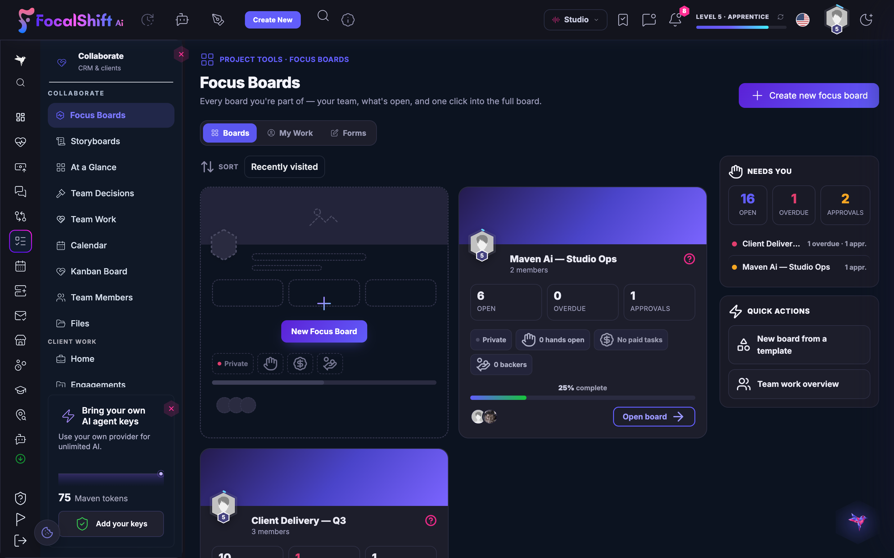 The FocusBoards workspace: every board you are part of — your team, what is open and one click into the full board — with a board carrying its open, overdue and approvals counts and how far along it is.