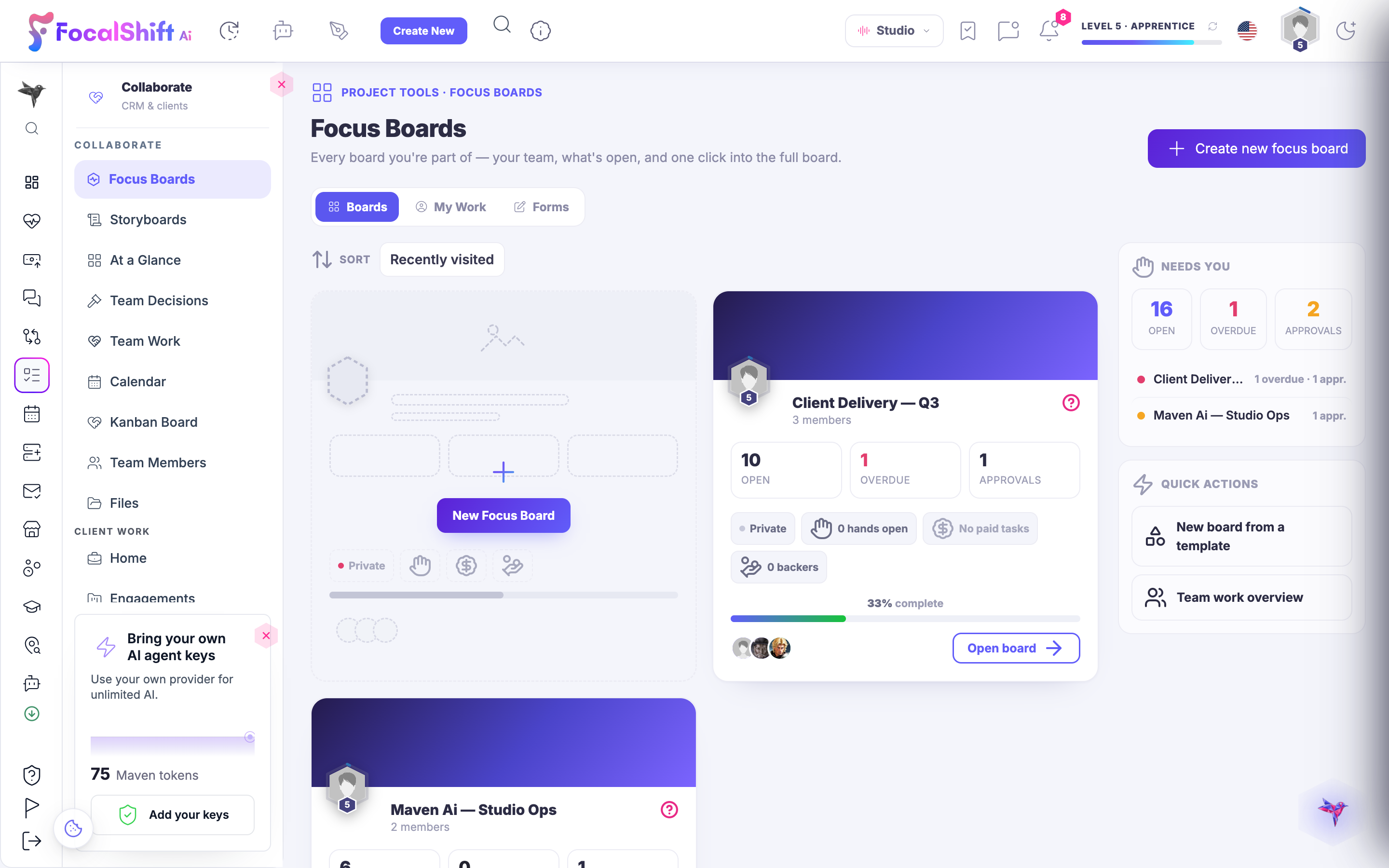 The FocusBoards workspace: every board you are part of — your team, what is open and one click into the full board — with a board carrying its open, overdue and approvals counts and how far along it is.