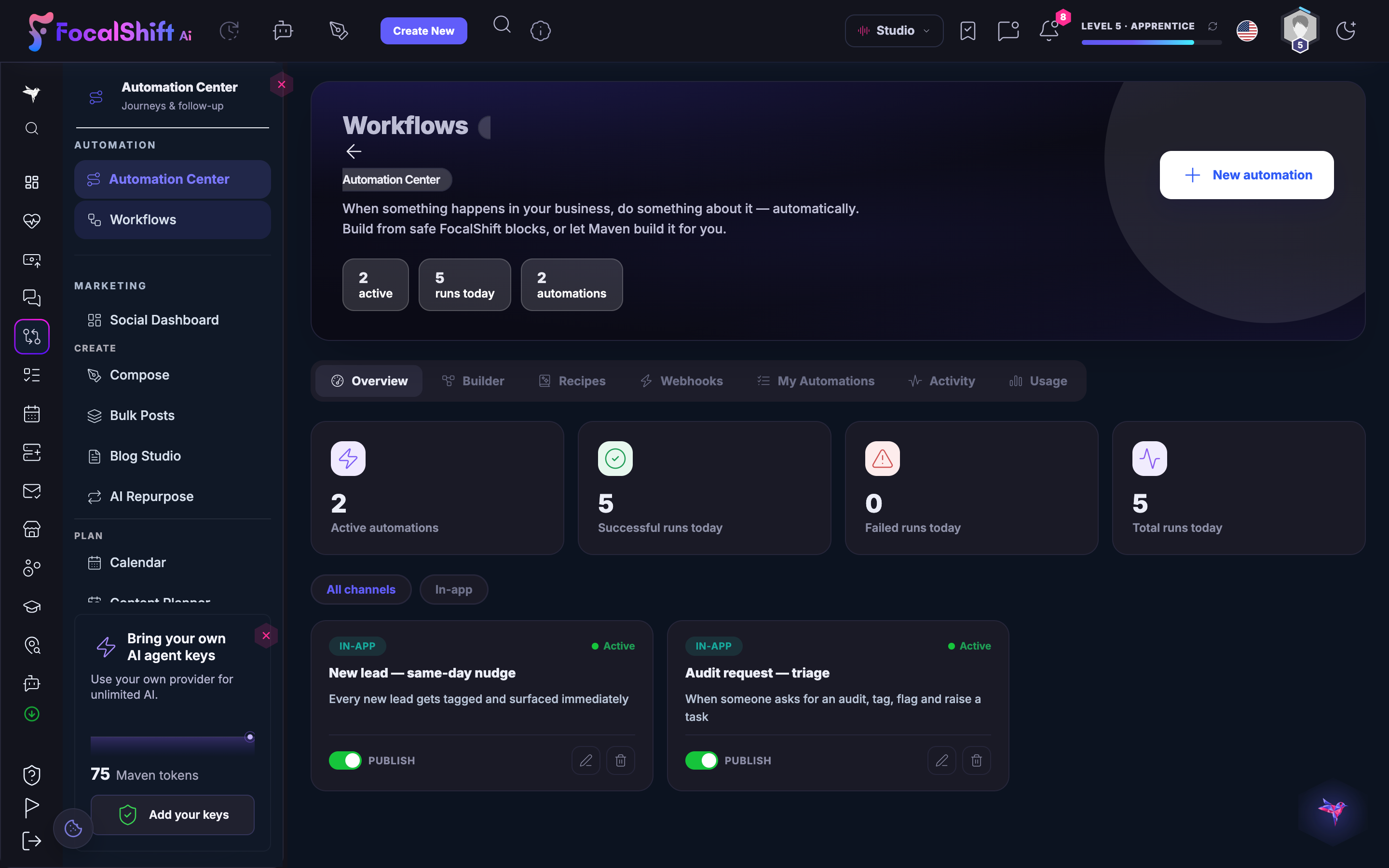 The Workflows overview in the Automation Center: active automations, successful and failed runs today and total runs, above the two live automations — the same-day new-lead nudge and the audit-request triage — each with its publish switch.