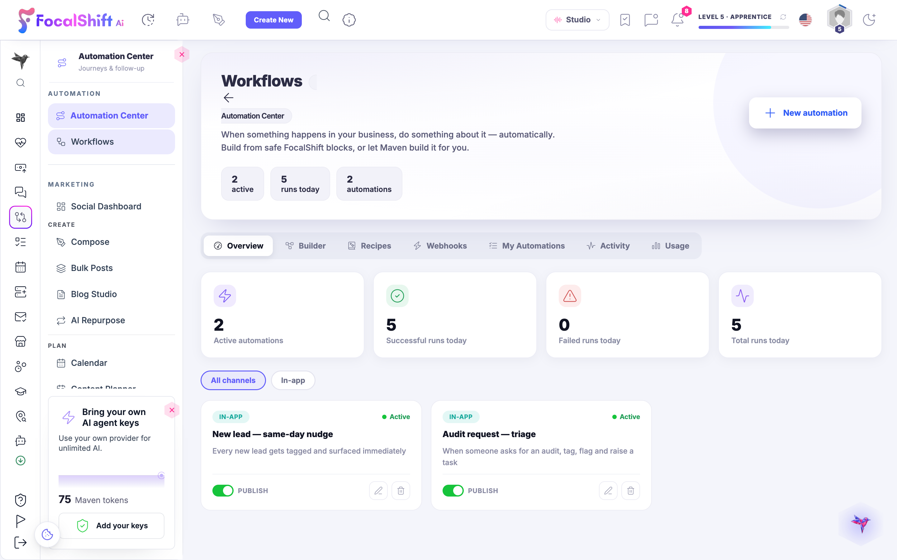 The Workflows overview in the Automation Center: active automations, successful and failed runs today and total runs, above the two live automations — the same-day new-lead nudge and the audit-request triage — each with its publish switch.