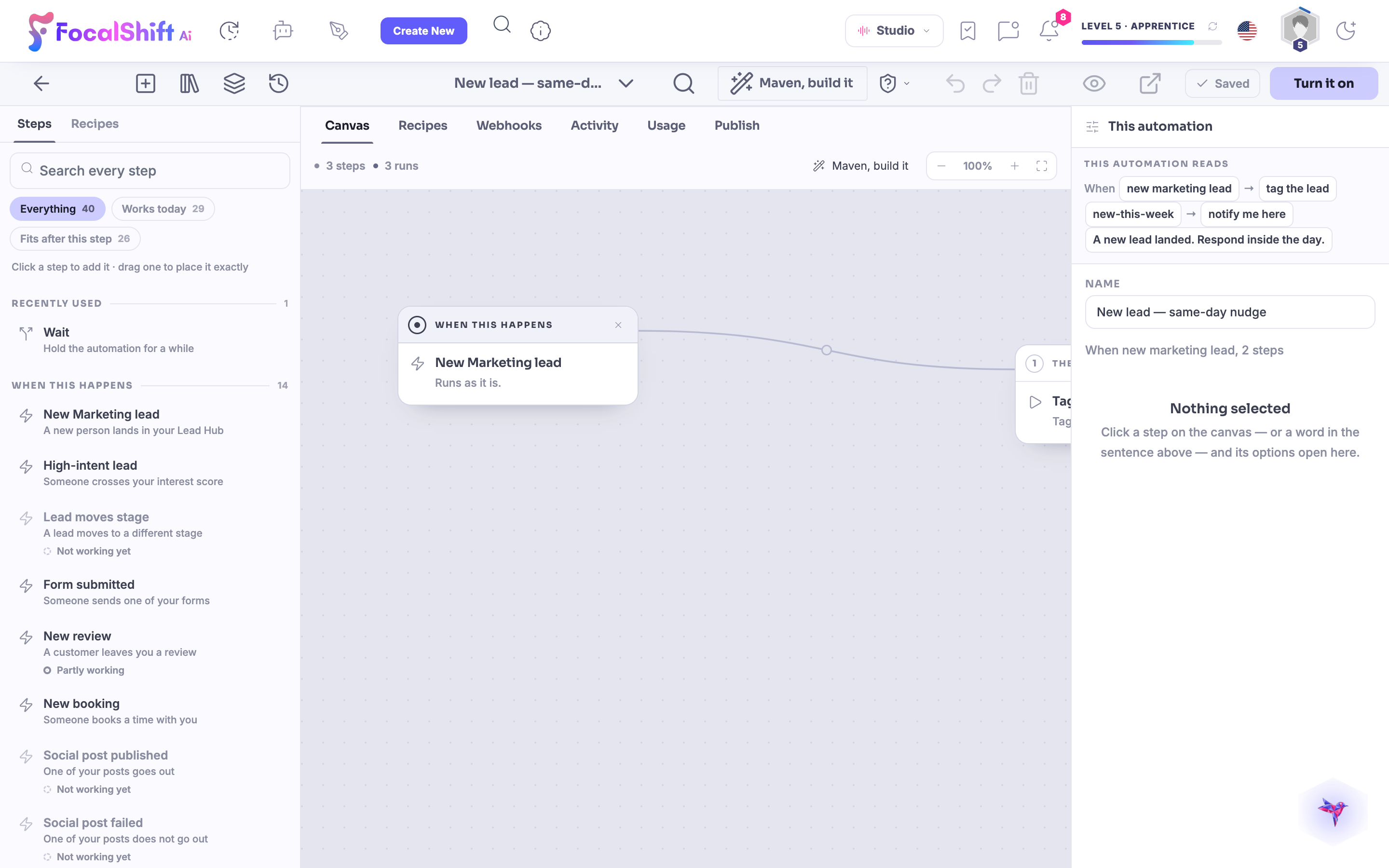 The real New lead, same-day nudge automation on the canvas: when a new marketing lead lands, tag the lead and notify you the same day, read back as a plain sentence above the connected steps.