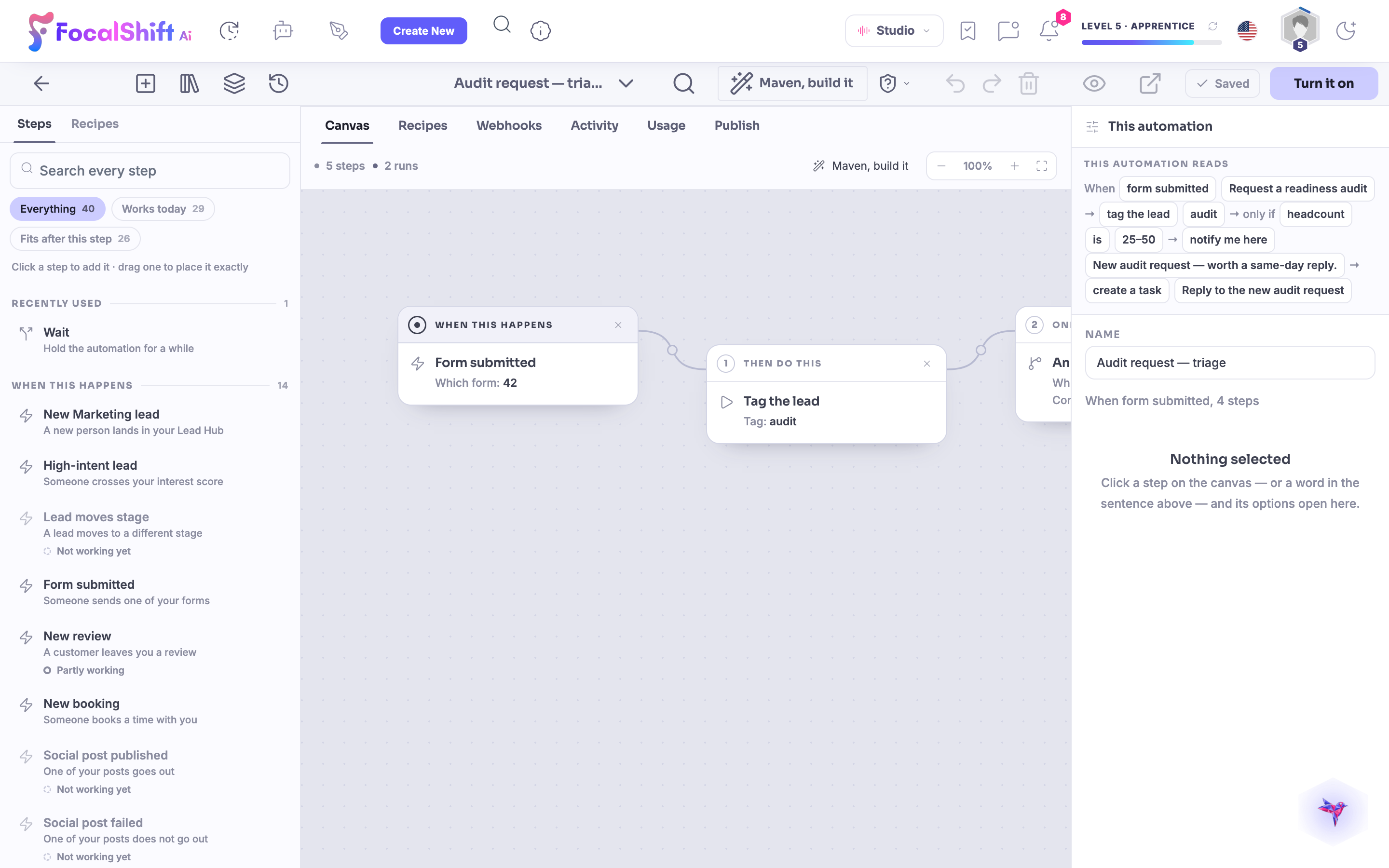 The real Audit request triage automation on the canvas: when a form is submitted for a readiness audit, tag the lead, and only if the headcount is in range, notify you and create a task — read back as a plain sentence.