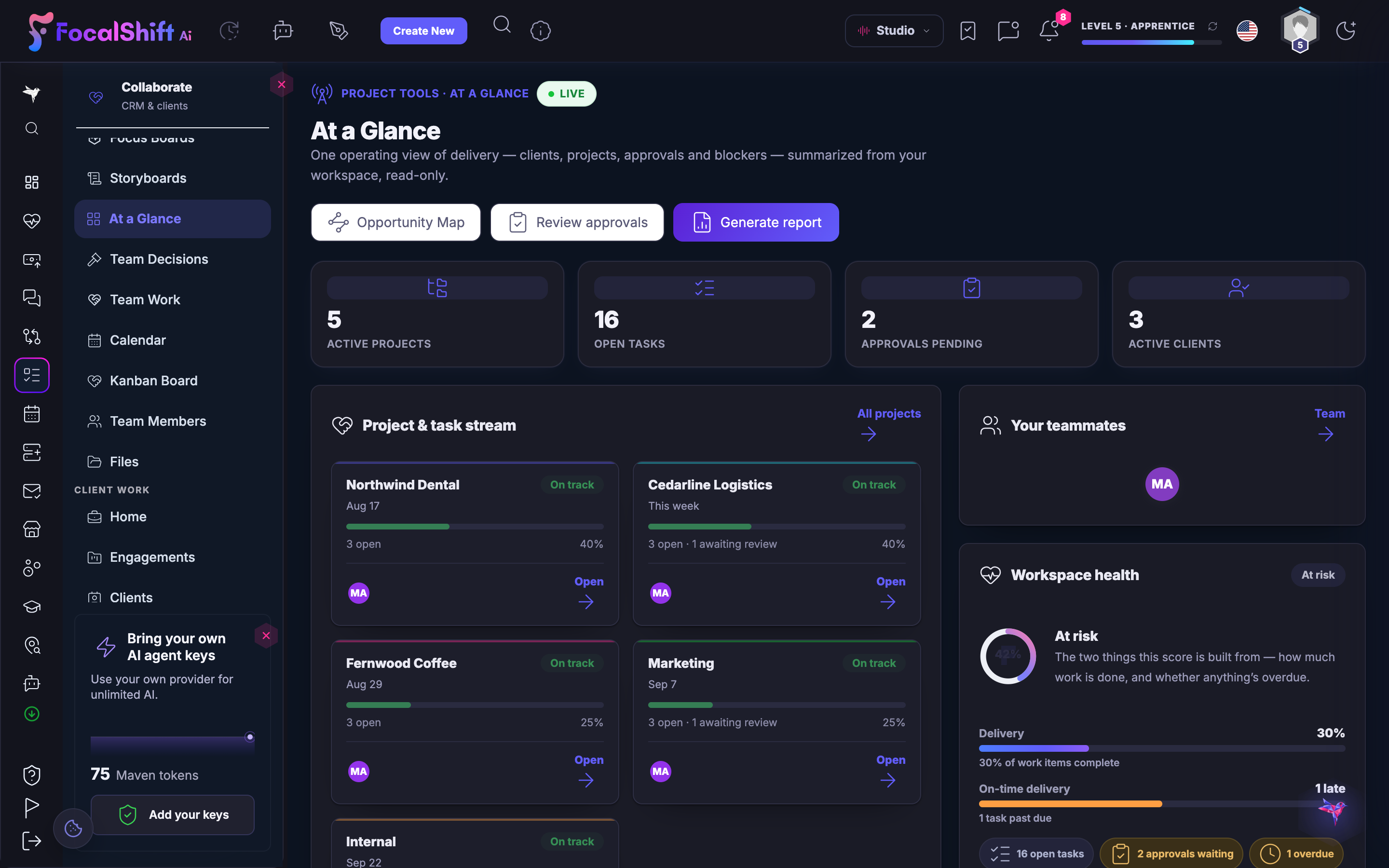 The At a Glance operating view: active projects, open tasks, approvals pending and active clients, with a project and task stream — each client on track with its open items and progress — and a workspace-health readout.