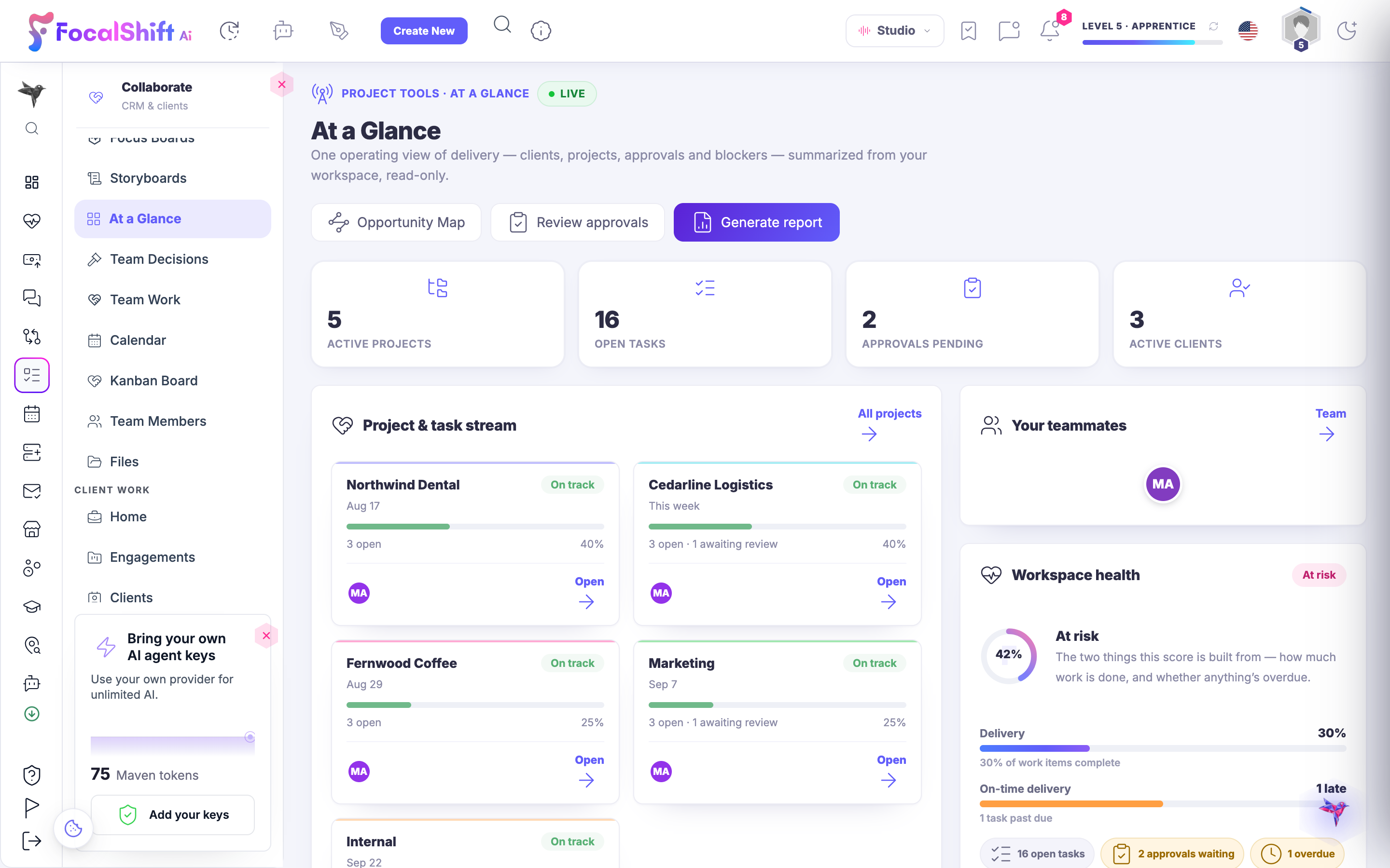 The At a Glance operating view: active projects, open tasks, approvals pending and active clients, with a project and task stream — each client on track with its open items and progress — and a workspace-health readout.