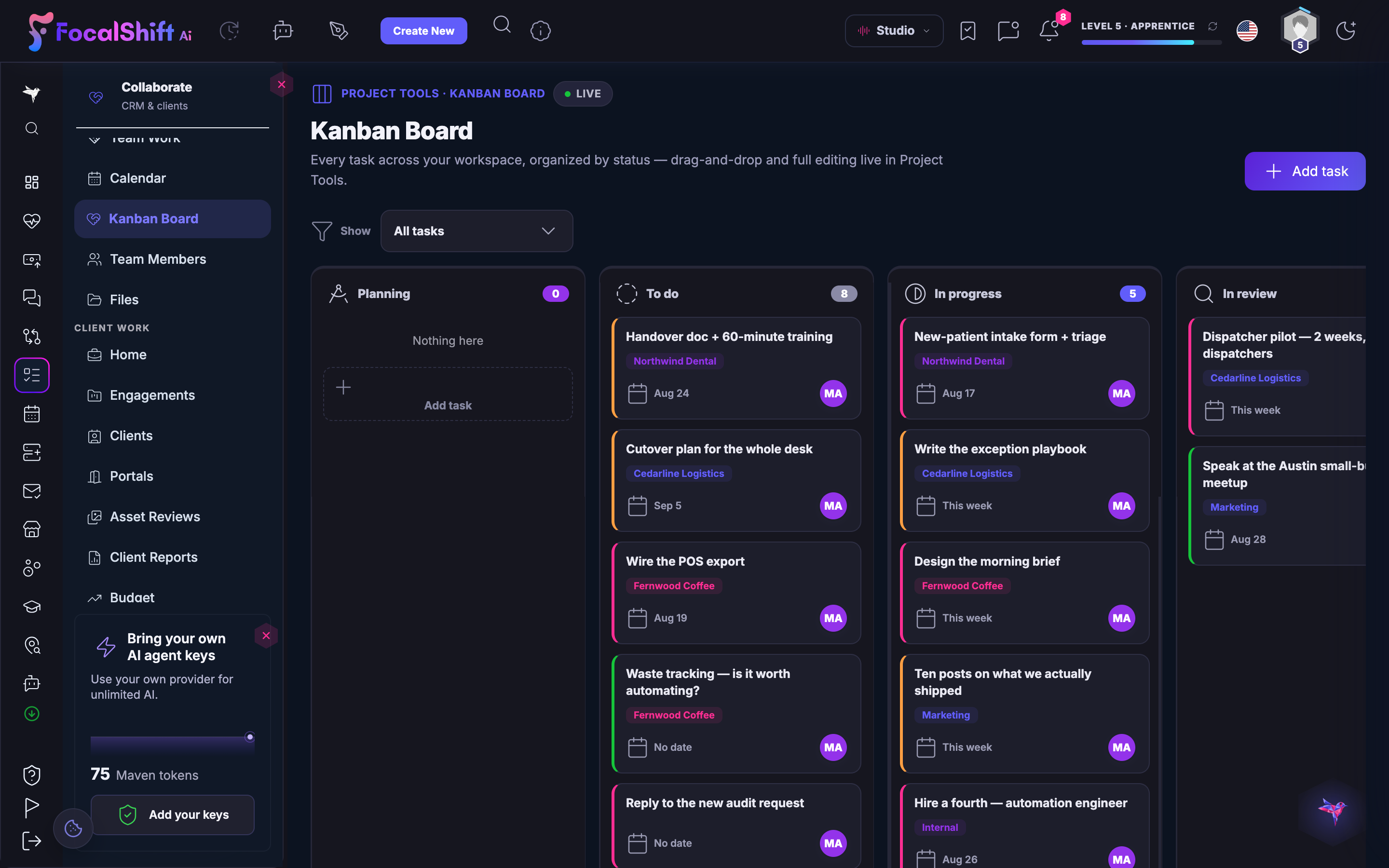 The Kanban Board: every task across your workspace organised by status — planning, to do, in progress and in review — as drag-and-drop cards tagged by client, each with its due date and owner.
