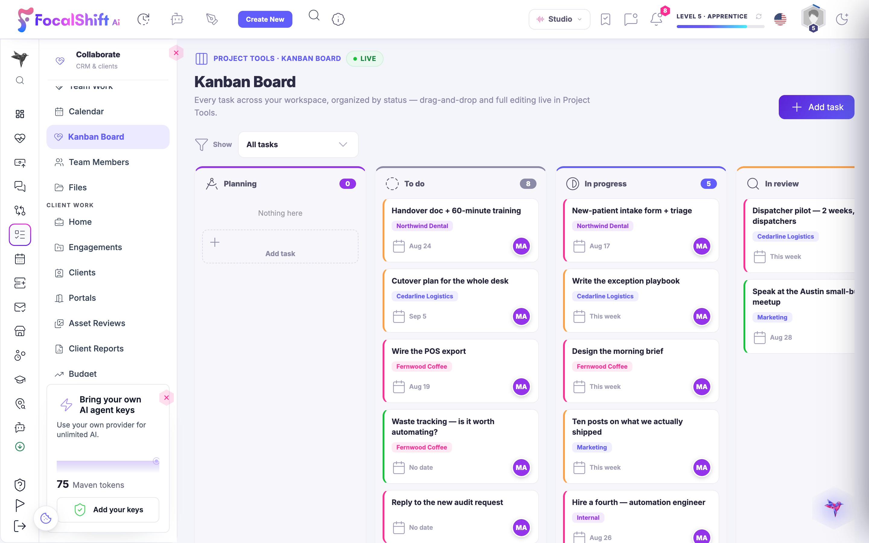 The Kanban Board: every task across your workspace organised by status — planning, to do, in progress and in review — as drag-and-drop cards tagged by client, each with its due date and owner.