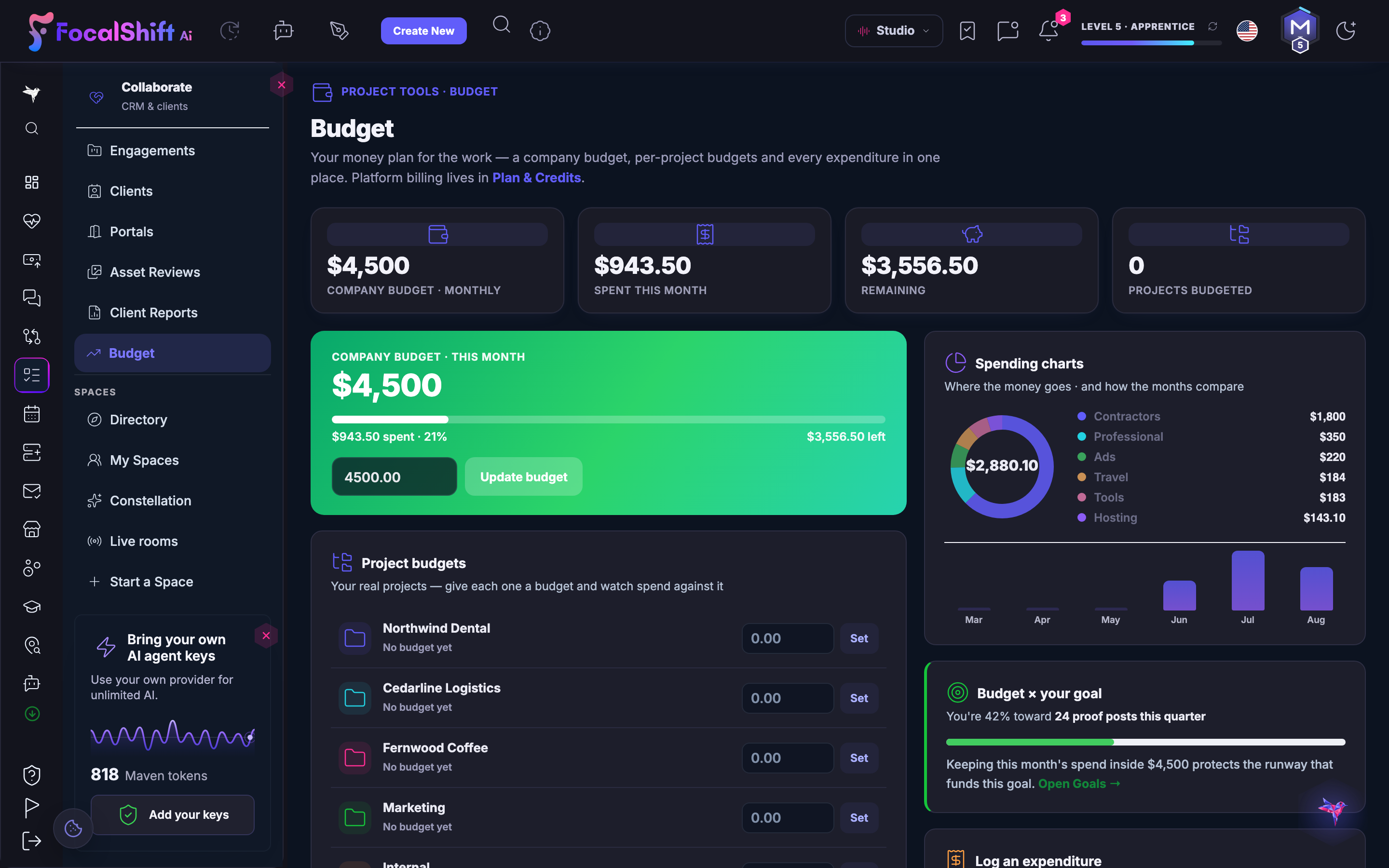 The Budget panel: your money plan for the work — a company budget for the month with what has been spent against it and what is left, a Set control ready to give each project a budget of its own, and spending charts showing where the money went and how the months compare.