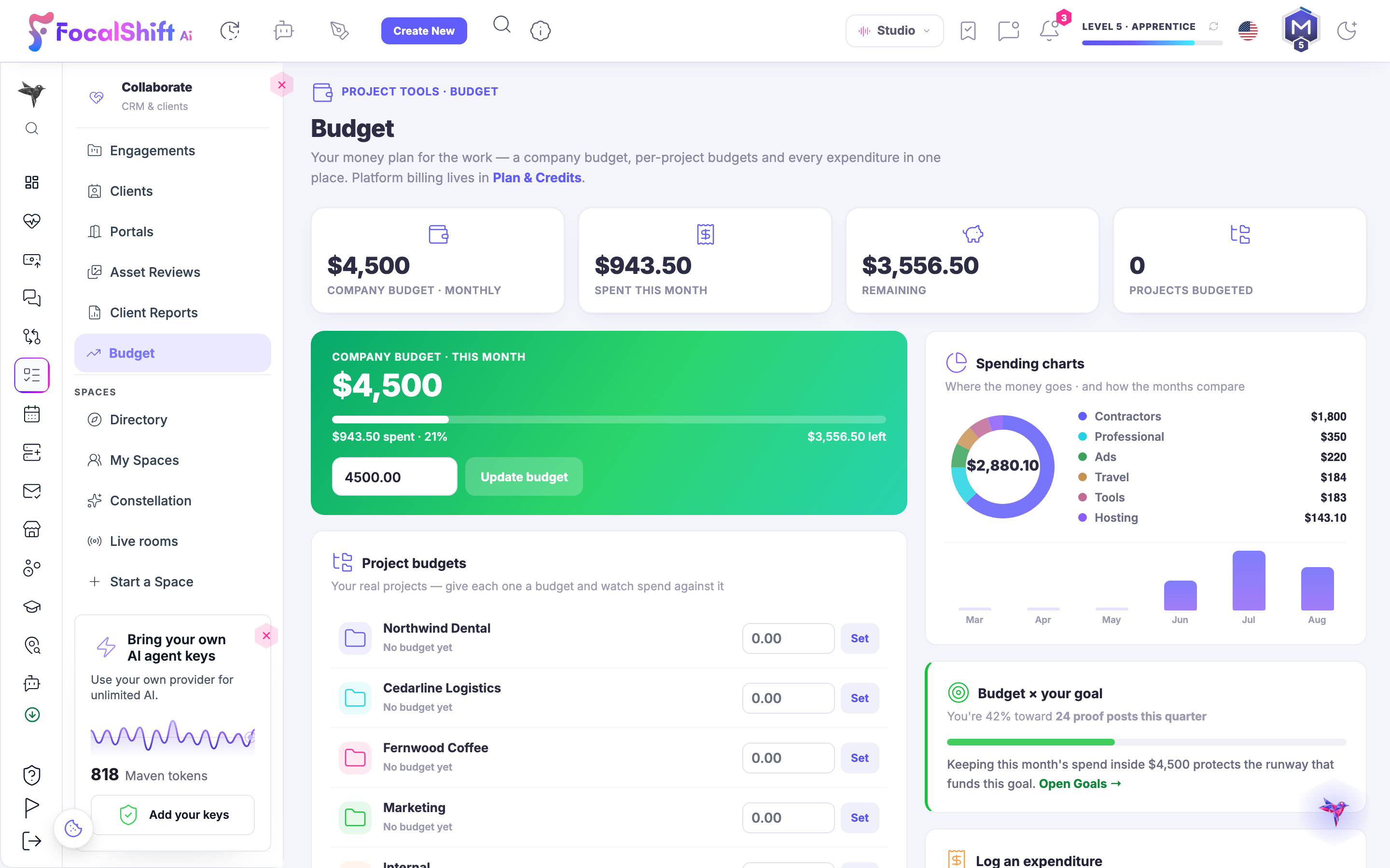 The Budget panel: your money plan for the work — a company budget for the month with what has been spent against it and what is left, a Set control ready to give each project a budget of its own, and spending charts showing where the money went and how the months compare.